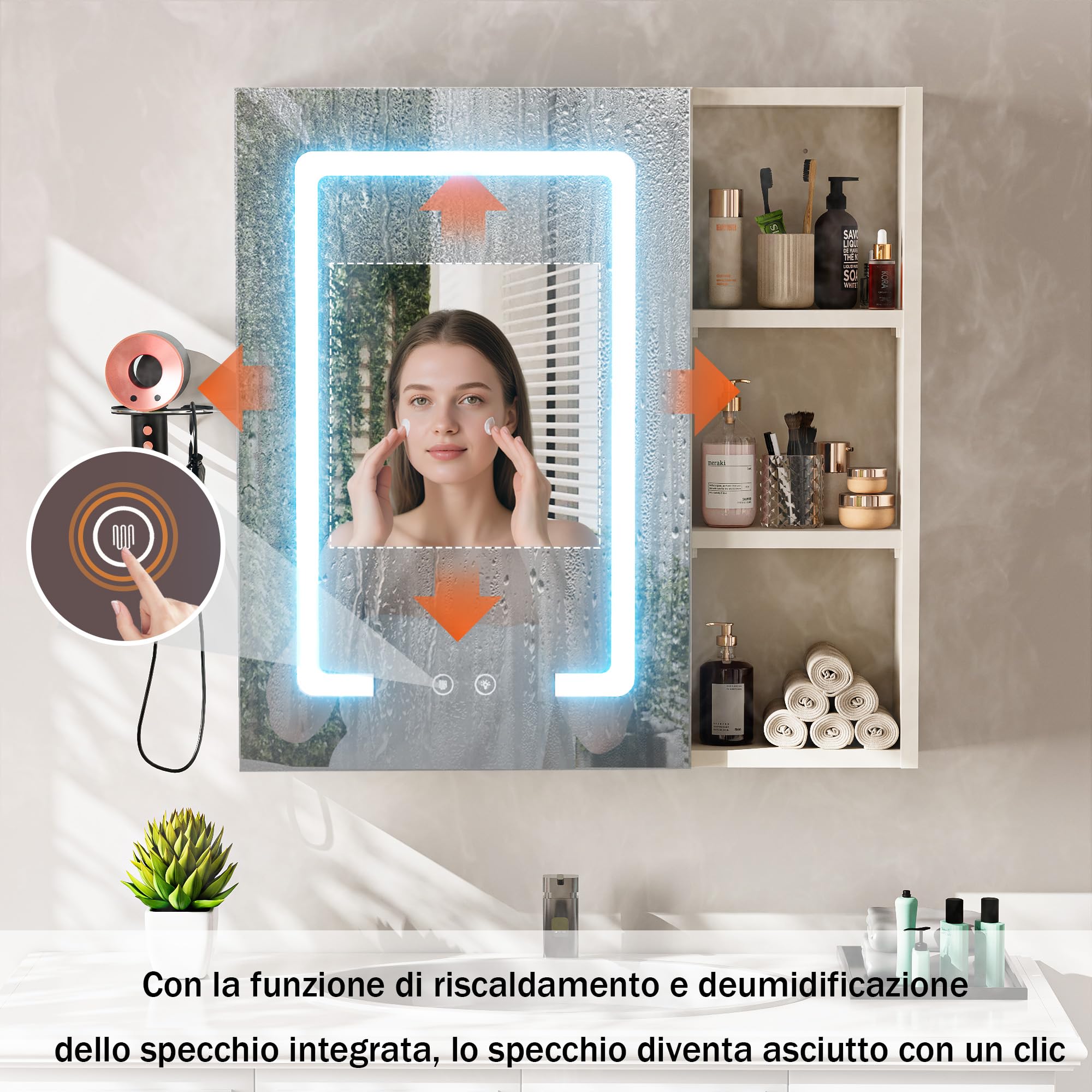 Specchio Bagno Contenitore con illuminazione e Antiappannamento Armadietto Bagno a Parete con 3 Mensola Regolabile e Porta asciugacapelli Luce a 3 colori Specchio Contenitore 60x60x15 cm Bianco