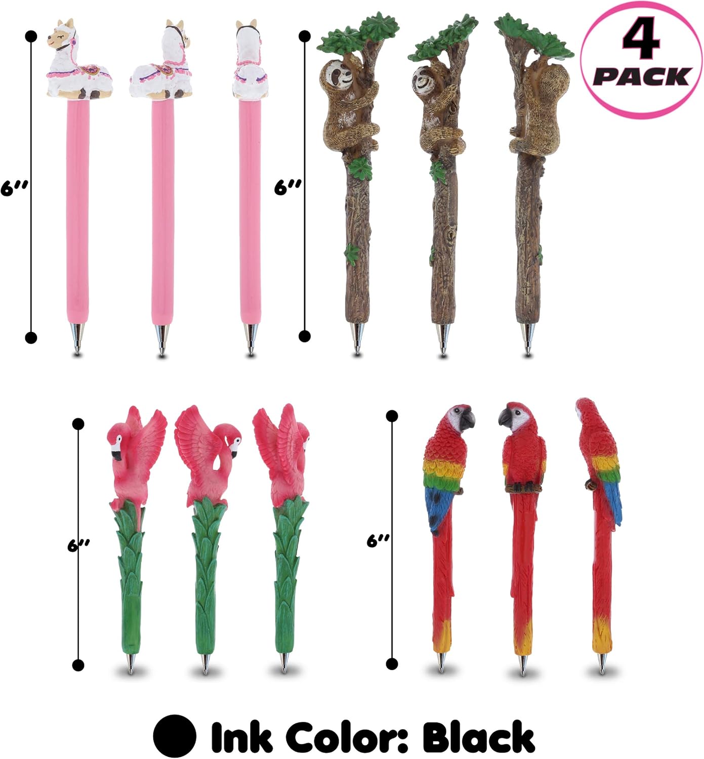 Bundle of Sloth, Llama, Tropical Flamingo, & Red Parrot Novelty Pens - Unique Ballpoint Pens Colorful Tropical Animals Writing Pens For School & Office Decor - 4 Pack