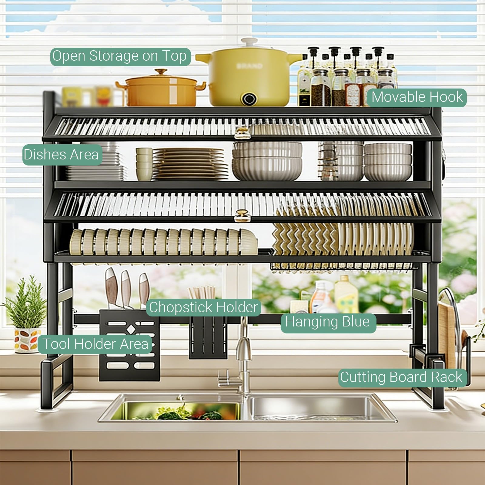 Egouttoir À Vaisselle Au-Dessus De L'évier Égouttoir À Vaisselle Au-Dessus De L'évier – Étagère De Rangement Organiseurs Rangement Cuisine(White,95cm/37in)