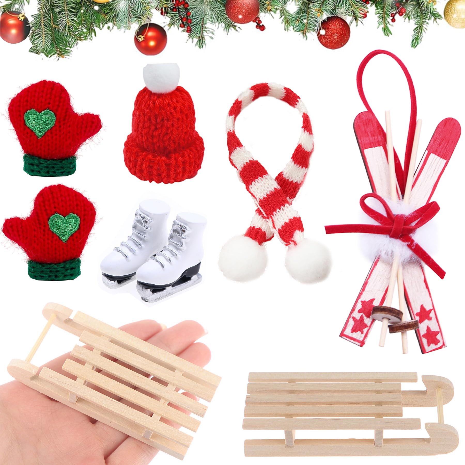 Wichtel Zubehör,9 Stück Wichtel Schlitten Set,Wichteltür Zubehör Weihnachten,Miniatur Spielzeug,Mini Kleidung Weihnachts,Puppenhaus Zubehör,Weihnachten Miniatur Ornament,für Wichteltür Deko