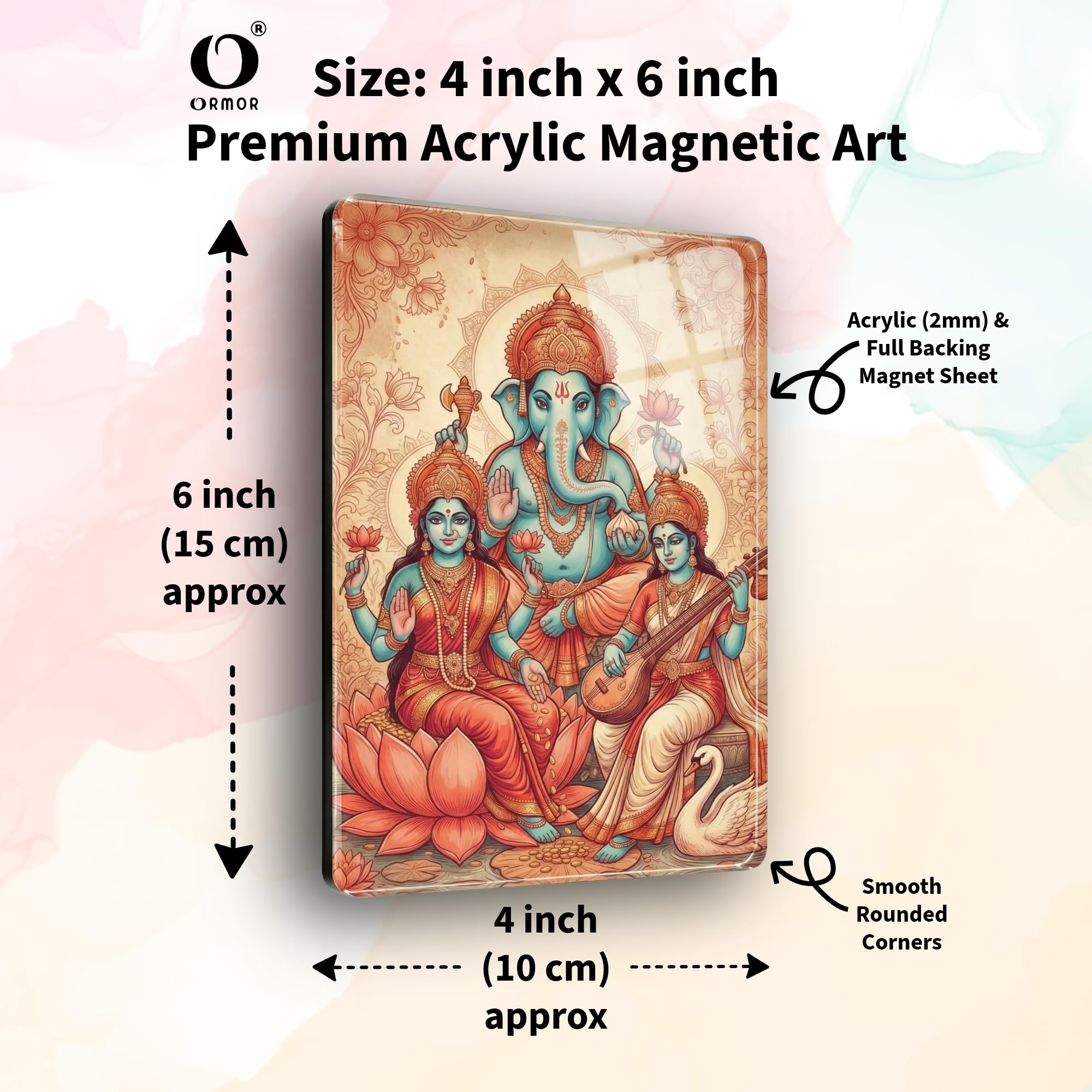 ORMOR Ganesh Lakshmi Saraswati God Picture Fridge Magnet Acrylic Photo (4x6 inch, ART1) with Self Adhesive Wall Hook | for Display on Refrigerator, Wardrobe Almirah, Office Table | Paste on Wall Entrance, Puja Room Temple, Religious Art Home Decor Gift Item 1