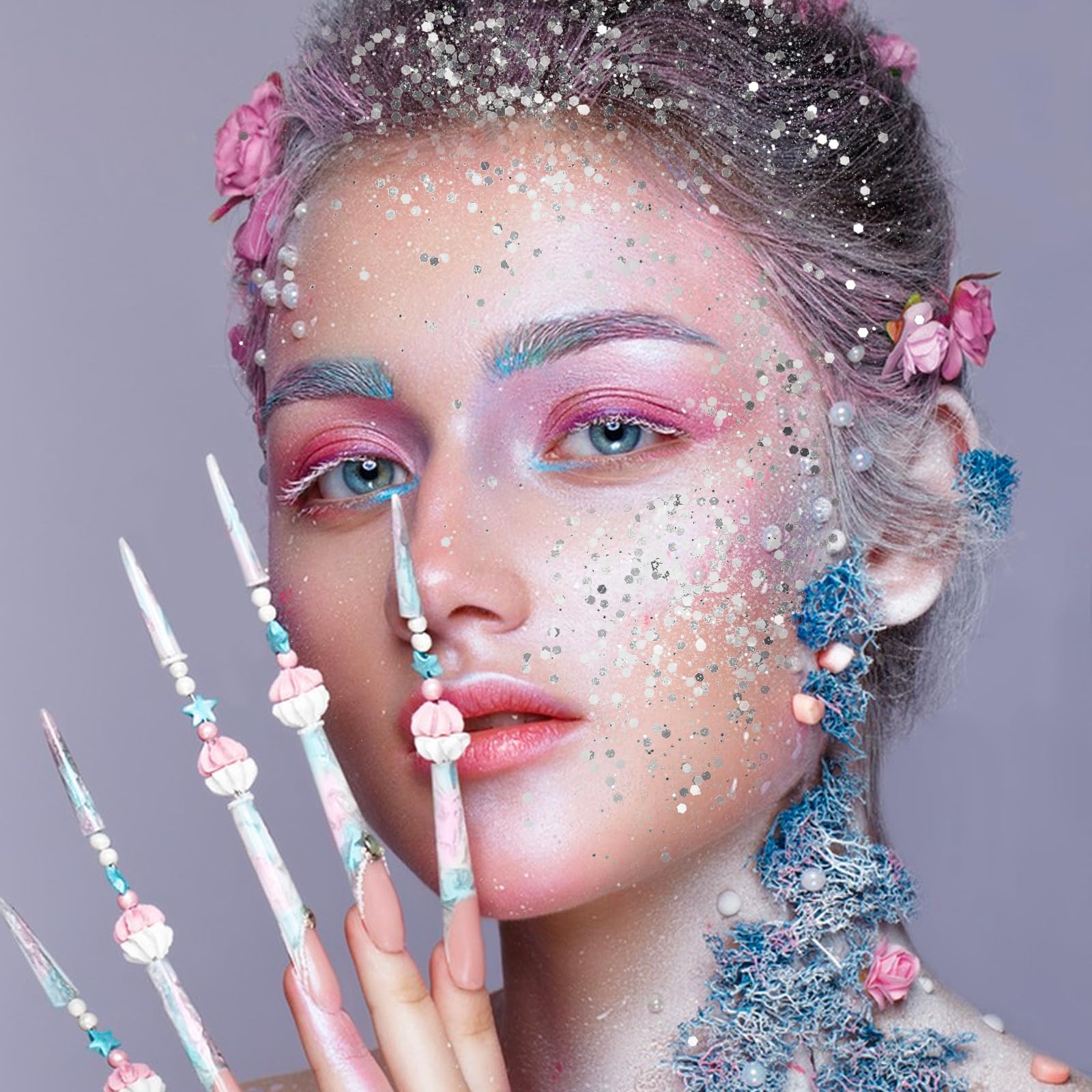 BETESSIN Polvere Glitter 50g per Artigianato, Unghie, Corpo e Creazione Fai da Te - Bianco Argentato