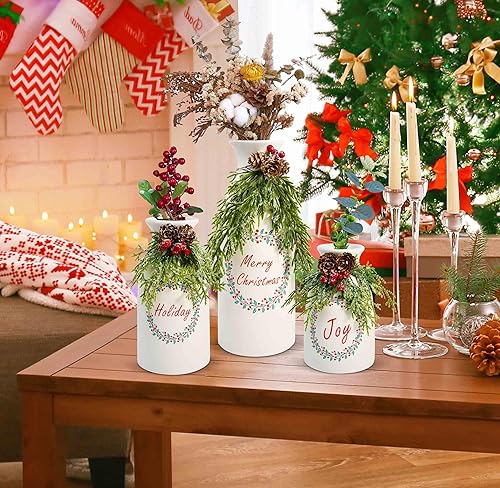 Miniatura 6 de Gift Boutique - Juego de 3 jarrones de cerámica navideños blancos, botellas festivas con decoraciones artificiales de Navidad mezcladas, para