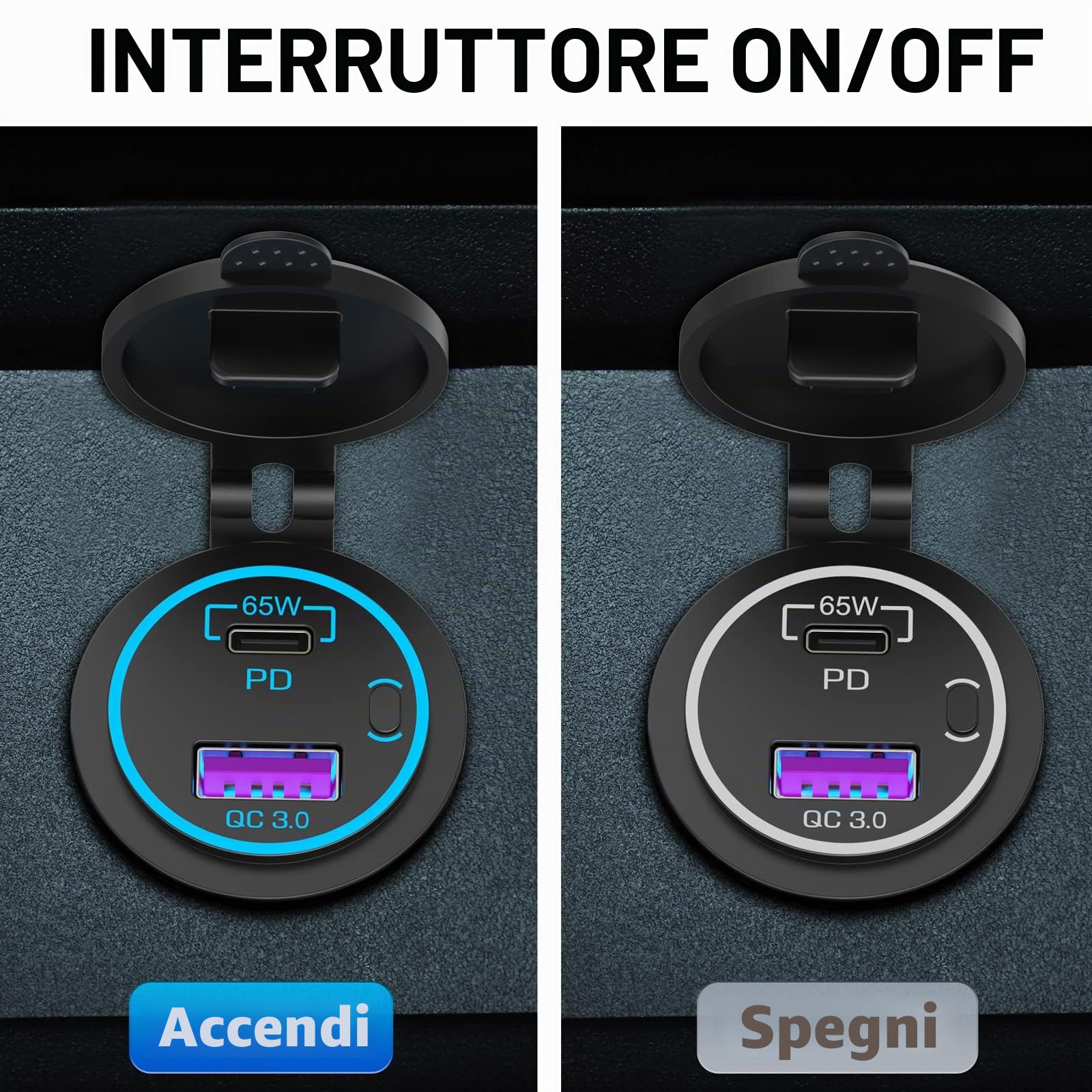 PD 65W USB C Presa 12 Volt: Qidoe Tipo C e QC3.0 Caricabatterie Prese USB per Auto con Interruttore Caricatore Veloce per iPhone iPad Telefoni Android, Adatto per 12V 24V Auto Barca Camion Camper
