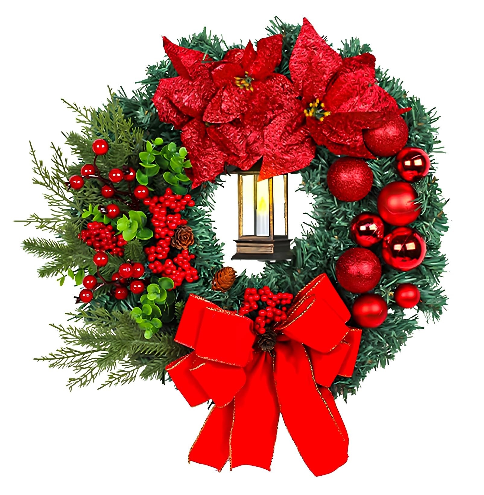 40CM Corona de Navidad, Corona Navideña para Decoración Colgante para Puerta con Luz Led, Corona Artificial Reutilizable para Decoración Navideña, Puerta de Entrada, Pared, Ventana,Decoración Navideña