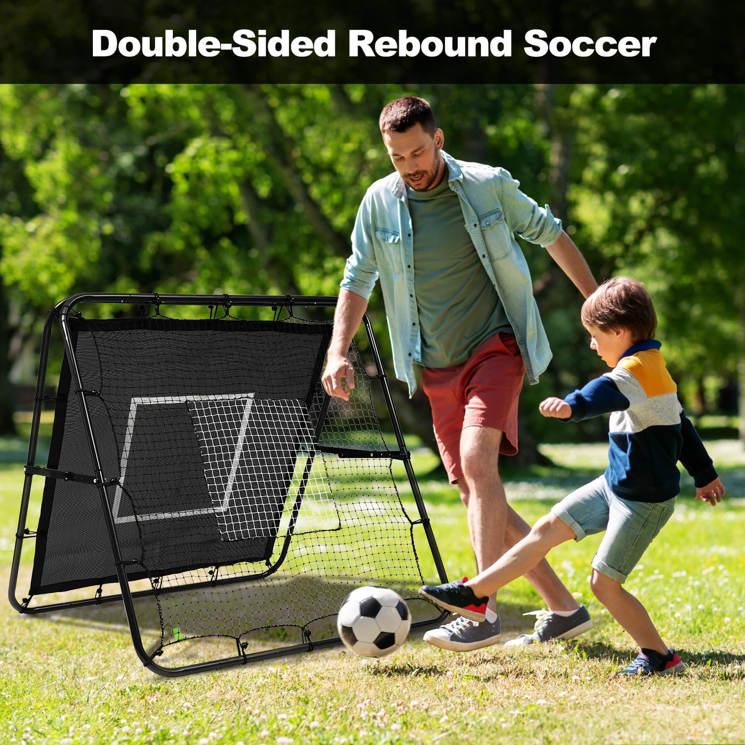 BAGAIL Doppelseitiges Rebounder-Netz, Fußballnetze, verstellbare Winkel, anpassbare Struktur, Rebound-Netz mit Ziel für Geschicklichkeitstraining, tragbare Fußballtore für den Garten, 120x120cm