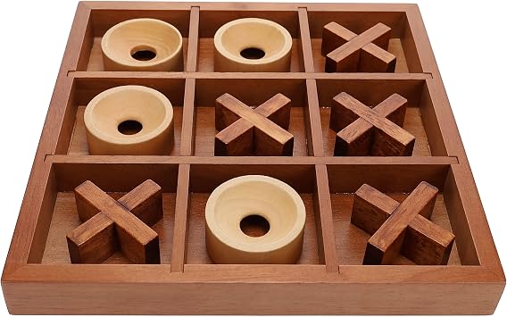 Wooden Tic Tac Toe Game 9 Inch Solid Wood Board with X and O Pieces, Decorative Coffee Table Game, Classic Home Decor Accent