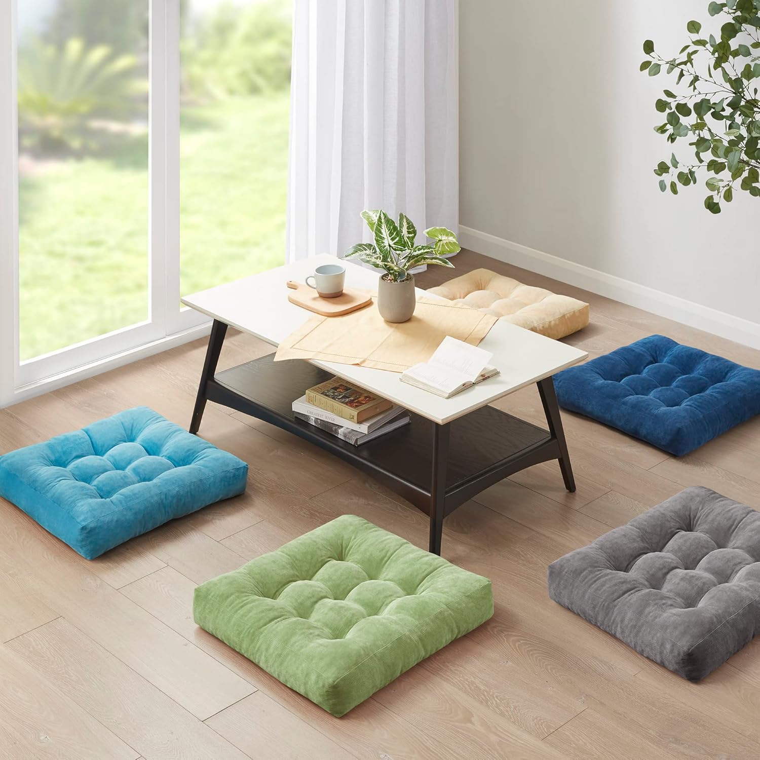 Degrees of Comfort Meditation Floor Pillow, Square Large Pillows Seating for Adults, Tufted Corduroy Cushion for Living Room Tatami, Green 22x22 Inch