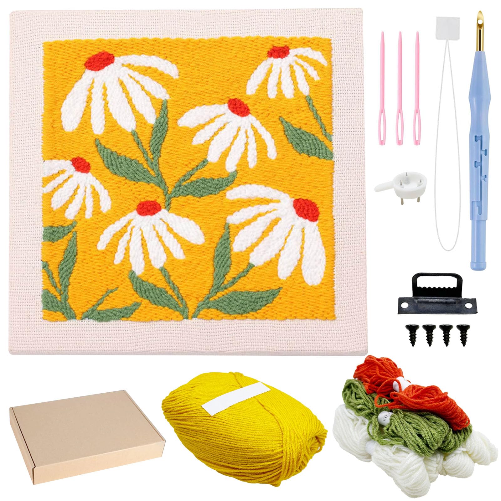 Allazone Punch Needle Starter Kit, Punch Needle Embroidery Kit Frame, Square Fabric with Flower Pattern, Hoop, Yarns (Orange and White)