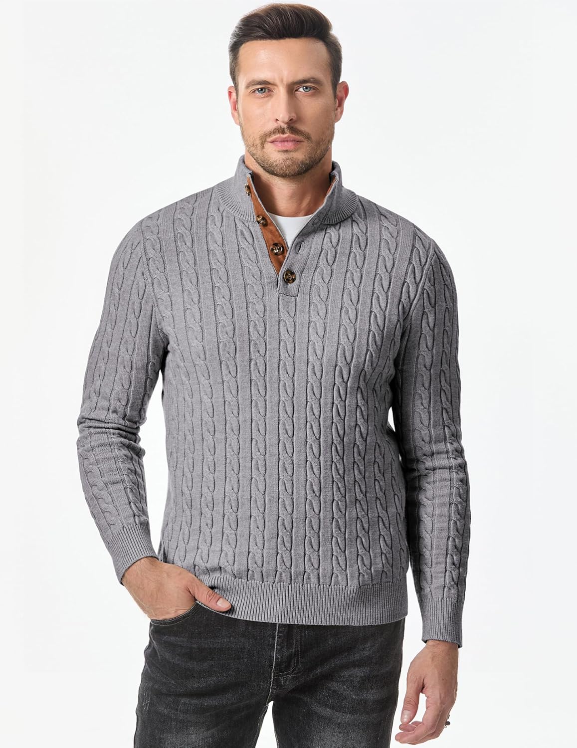 JMIERR Men's Cable Knit Pullover Sweater Casual Long Sleeve Stand Collar Button Knitted Sweaters - Image 8
