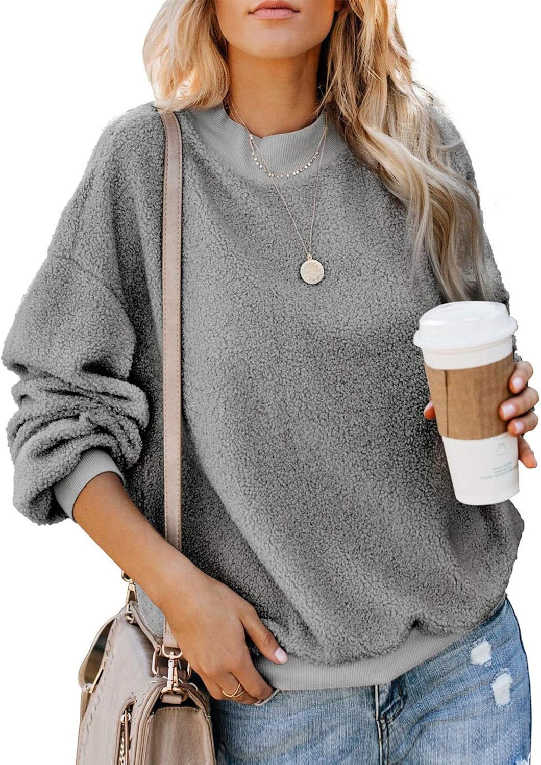 Dokotoo Womens 2023 Solid Color Casual Fleece Fluffy Crewneck Long Sleeve Fashion Sweatshirts Tops Pullovers