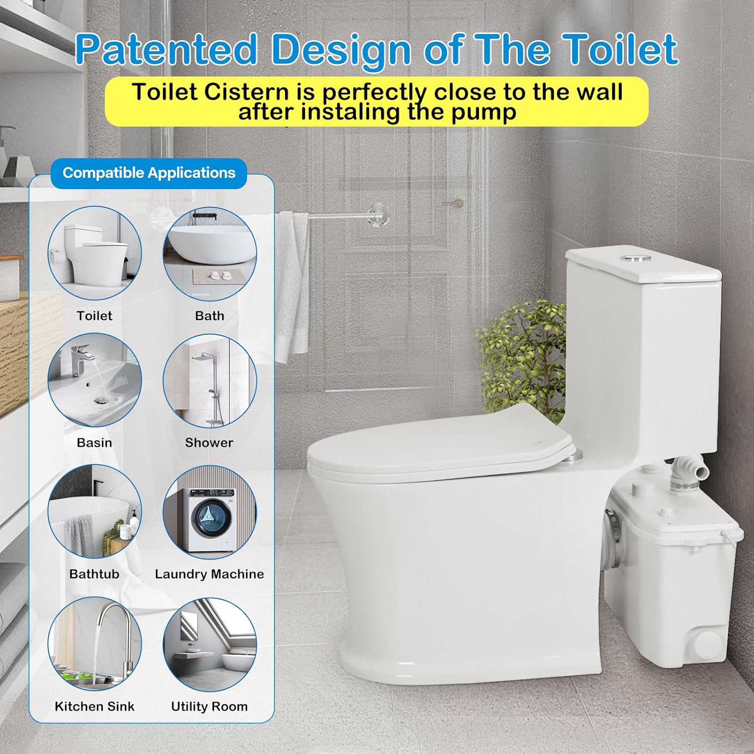 Automatic 750W Macerator Toilet Sewage Pump for Basement Toilet Upflush System with 4 Inlets for Toilet, Sink, Bathtub, Laundry, 2 Outlets Dicharge Option, Solid Waste Water Disposal Pump