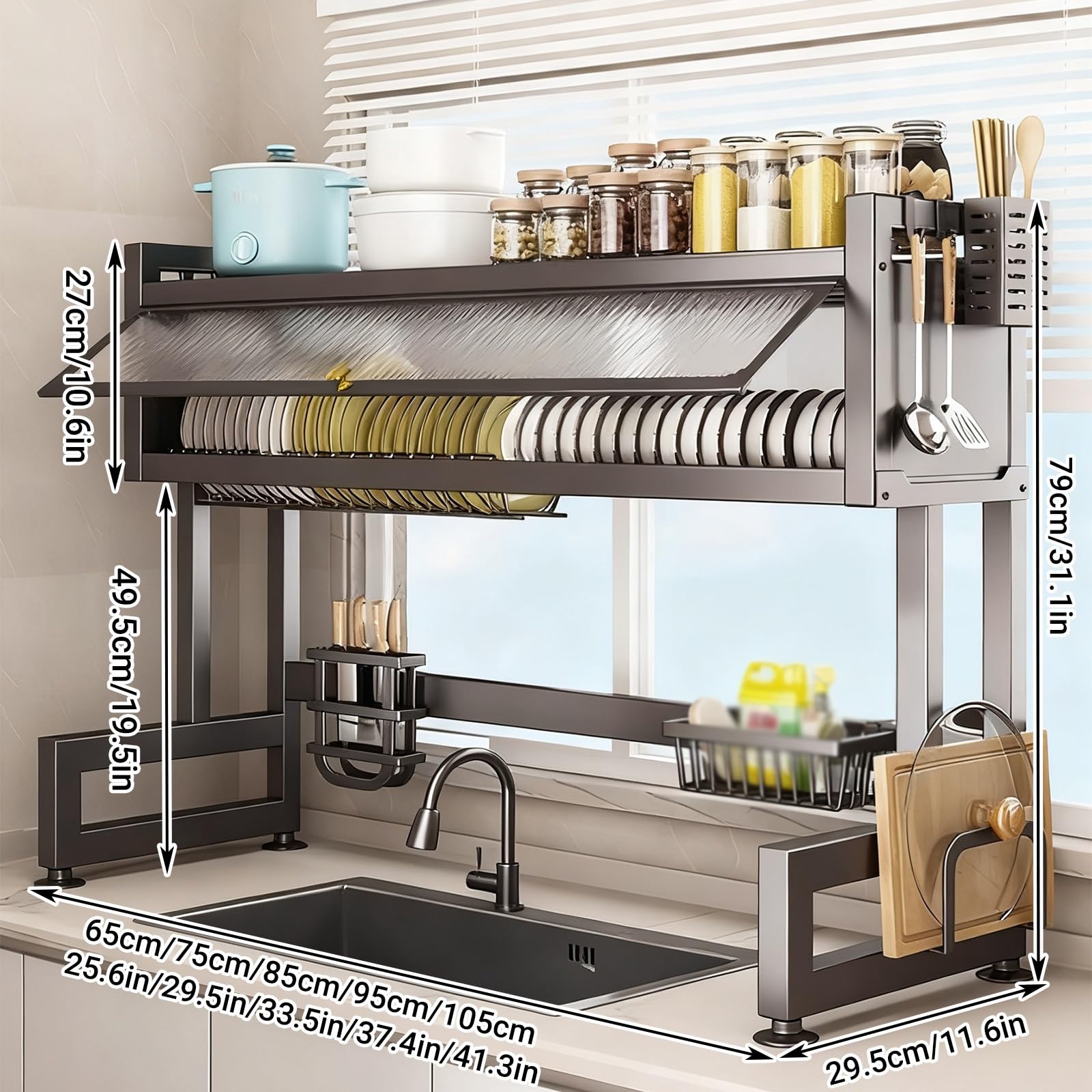 Escurridor de platos sobre el fregadero, organizador de almacenamiento de 3 niveles con puerta abatible transparente para platos, vasos, cuencos, cubiertos, estante grande para fregadero de cocina