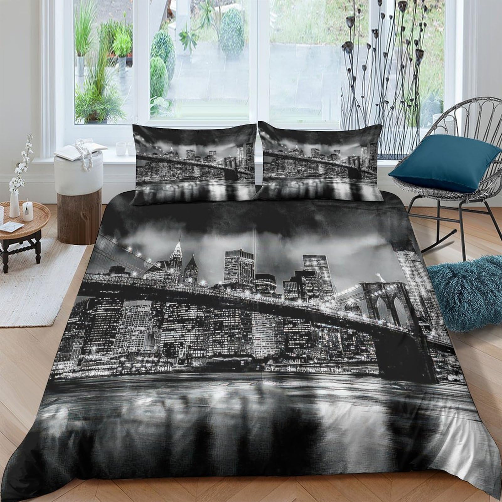 Ctjqhvkz Style-5 3D Printed Cityscape Fitted Sheet Microfiber Black White Skyline Mattress Cover For Bedroom Guest Room Mattress Protection Decor Single（135X200cm）