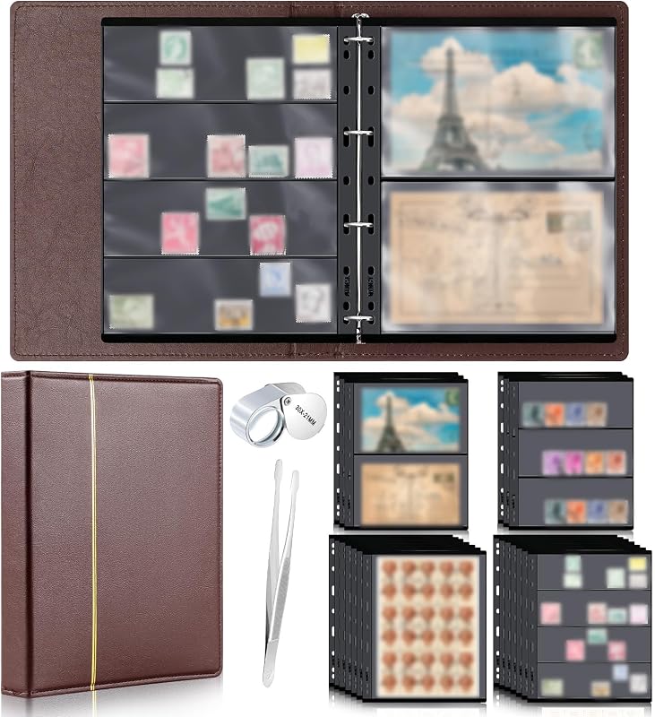 Stamp Collecting Album Binder Kit for Collectors, 1/2/3/4 Rows Banknotes Storage Book with 20 Stamp Pages, 4 Ring Binder, Tweezers and Magnifier, for Paper Money Bill Postage, Beginner Hobbyists Gift