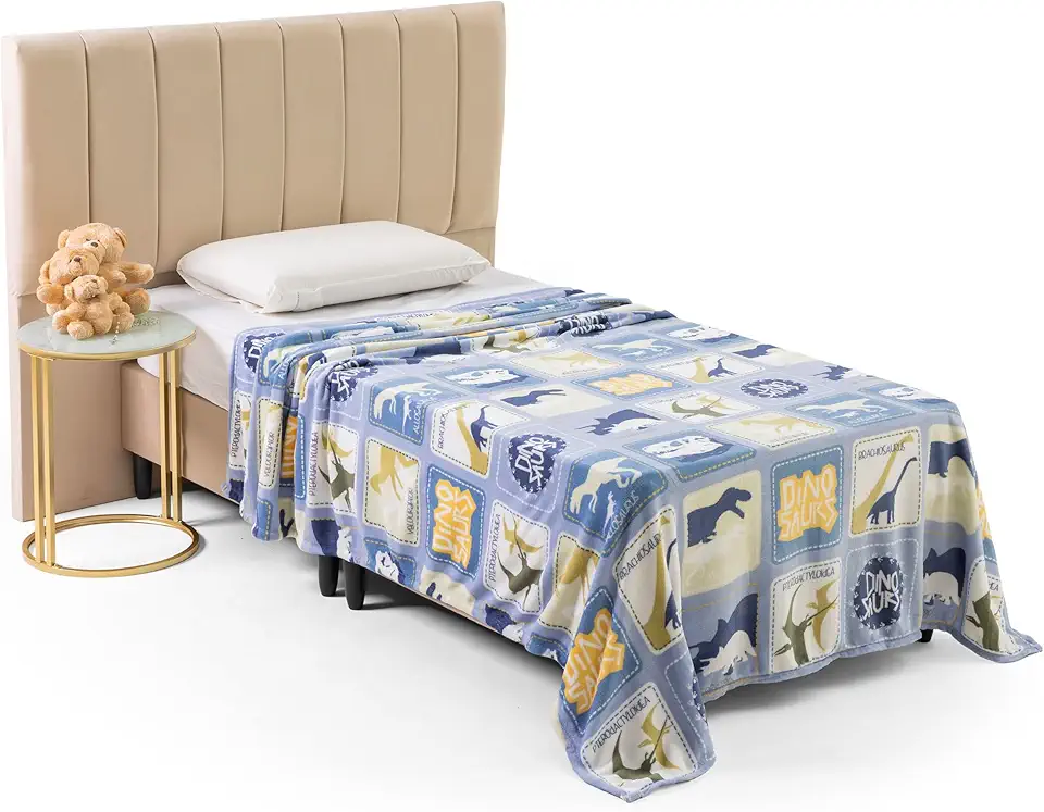 Cobertor Manta Solteiro Infantil Flanel Microfibra Toque Extra Macio Secagem Rapida (Jurassic Azul)