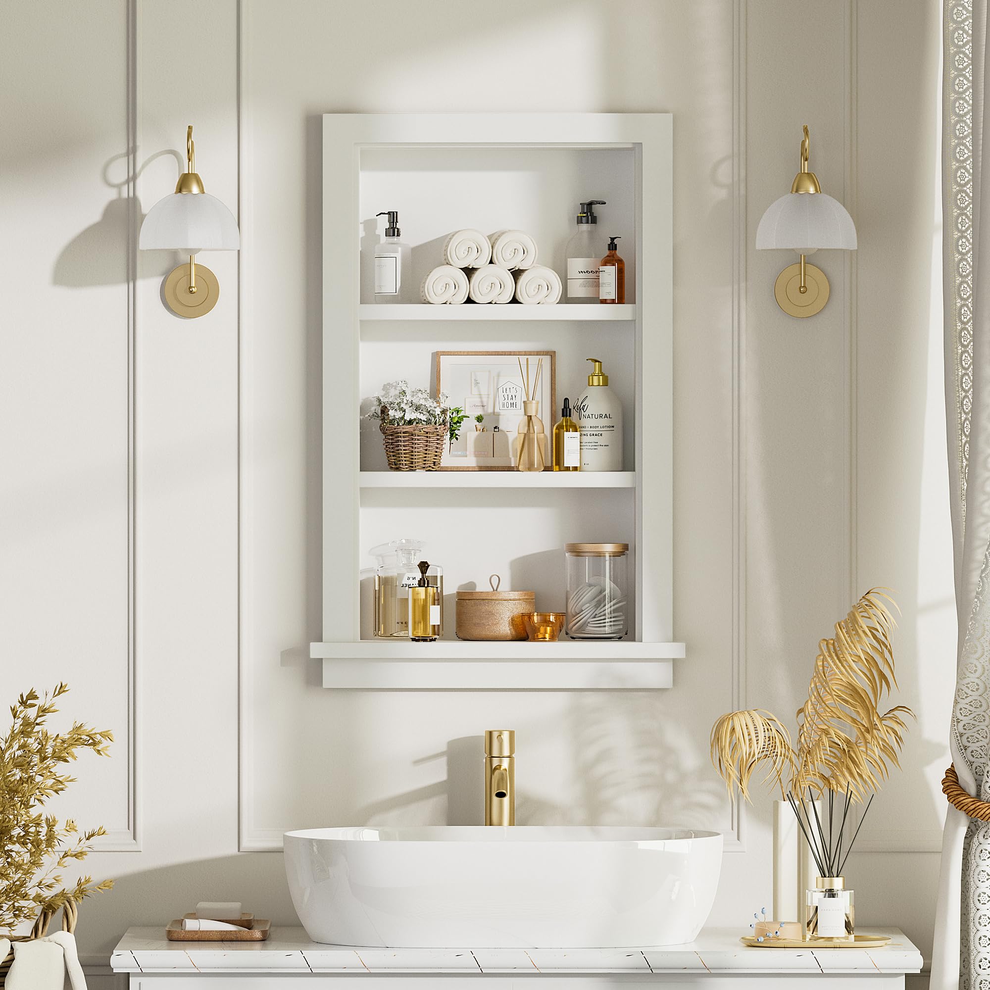 solid wood recessed medicine cabinet,3 tier in wall bathroom cabinet,white decorative wall niche organizer for bathroom,living room,14x24 recessed wall insert for drywall,fully assembled