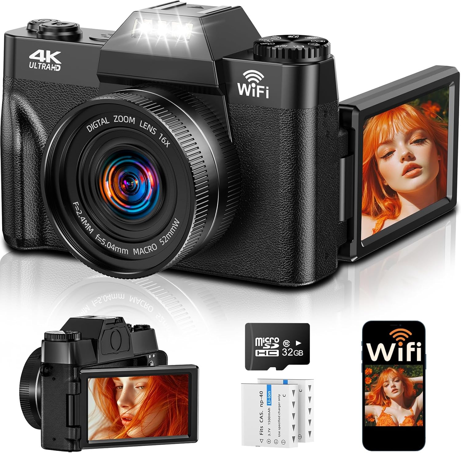 4K 75MP Digital Camera with WiFi, 3