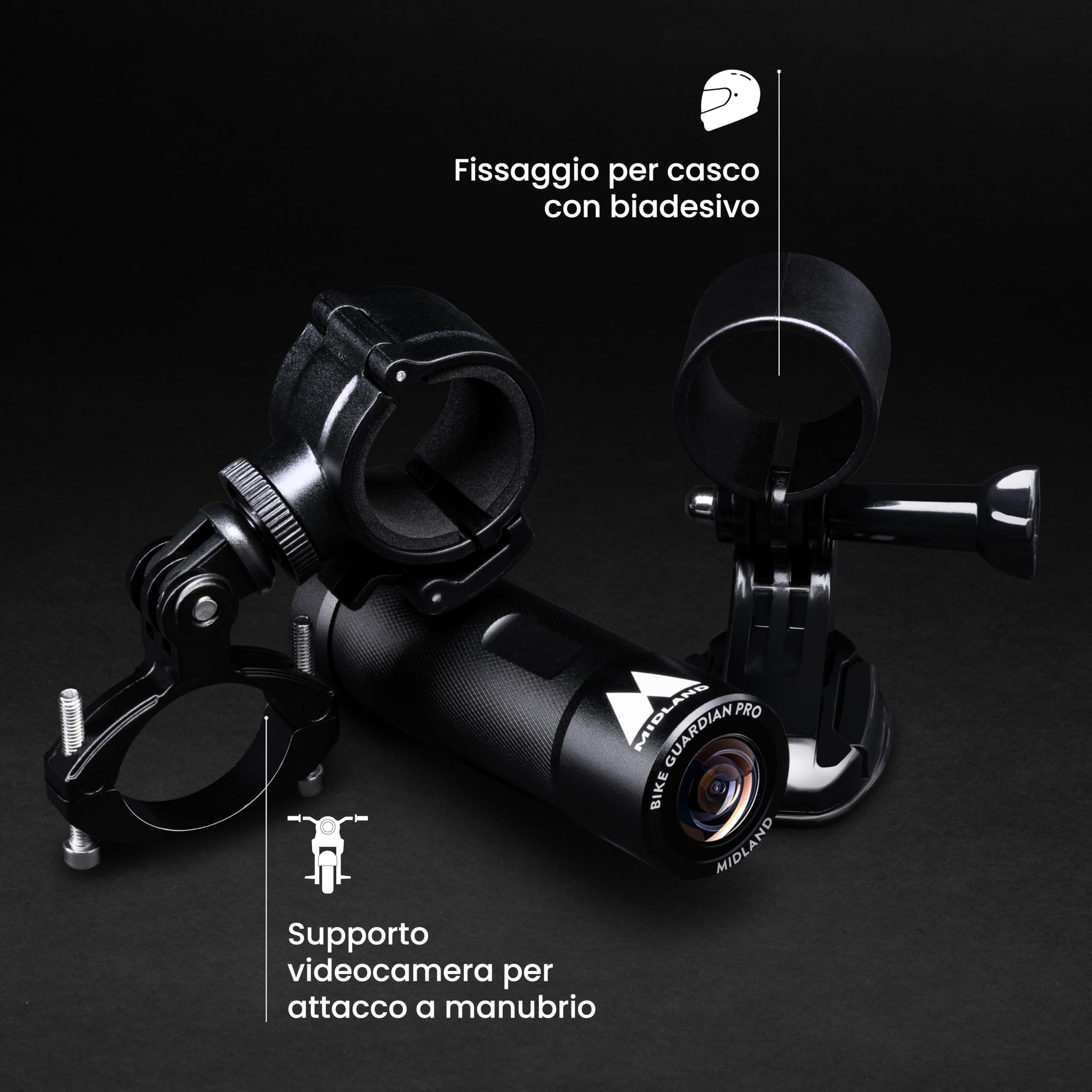 Midland - Bike Guardian PRO, Dash Cam e Action Cam Moto 2K, Videocamera Accessori Moto con Sensore Sony, Stabilizzazione Avanzata, Impermeabile IP65, Streaming Live, Dashcam con Autonomia 2 Ore