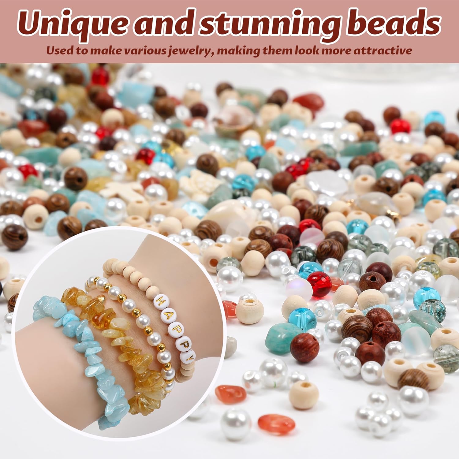2000Pcs Jewelry Making Kit for Adults Women - Natural Stone Beads, Irregular Gemstone Chips, Pearls & Wooden Beads with 1 Pearl Necklace Gift - DIY Bracelet, Ring, Earring & Necklace Making Supplies