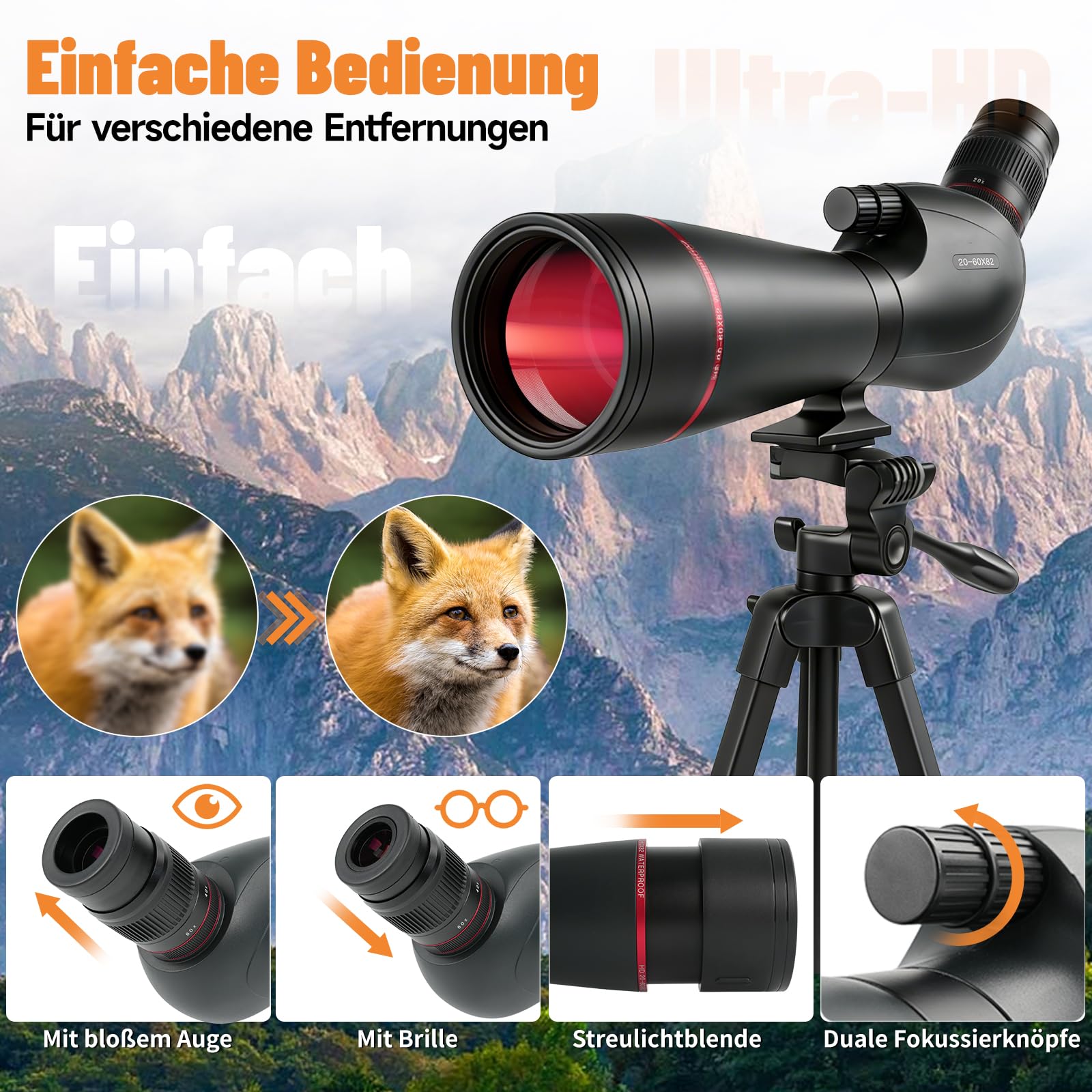 Spektiv 20-60x82 BAK4 FMC – IPX7 Wasserdichtes Fernrohr mit 27mm Okular für Vogelbeobachtung Jagd