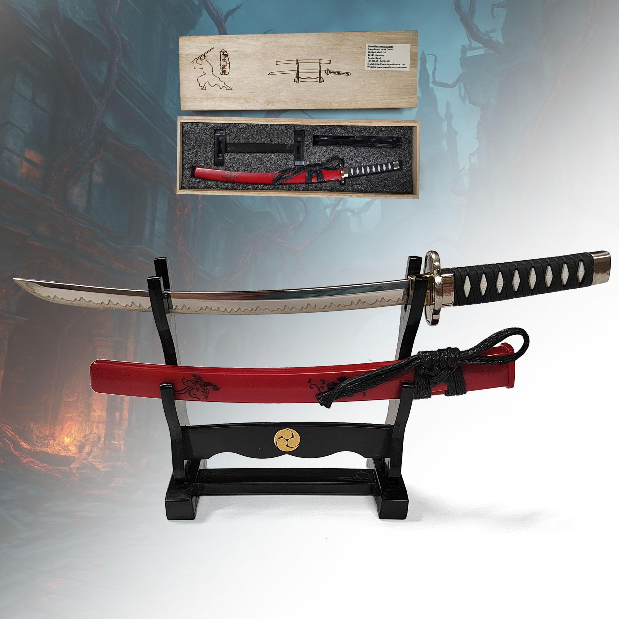 Devil May Cry 5 Sword of Nero as Letter Opener, Detailed Red Queen Miniature 20 cm, Collector's Set with Stand and Wooden Box, DMC Video Game Merchandise Gift