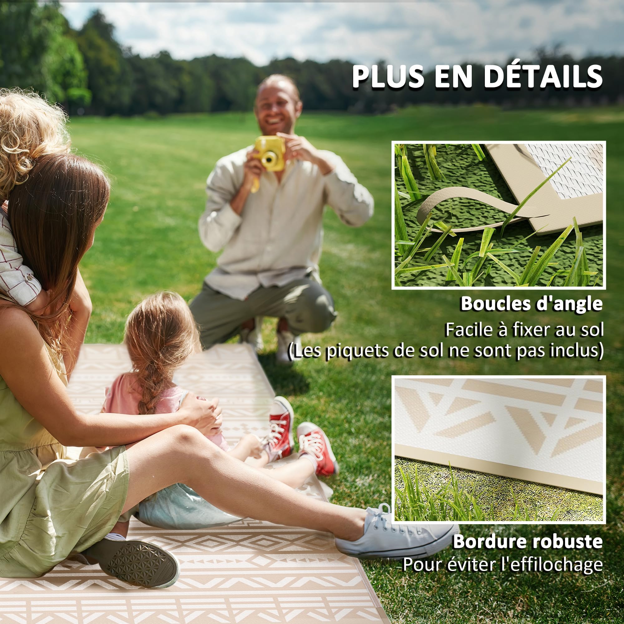 Outsunny Tapis d'extérieur réversible 3,7 x 2,7 m, Tapis de Sol au Motif Mur géométrique en PP résistant aux intempéries, Sac de Transport Inclus, Tapis extérieur terrasse, Kaki et Beige Clair