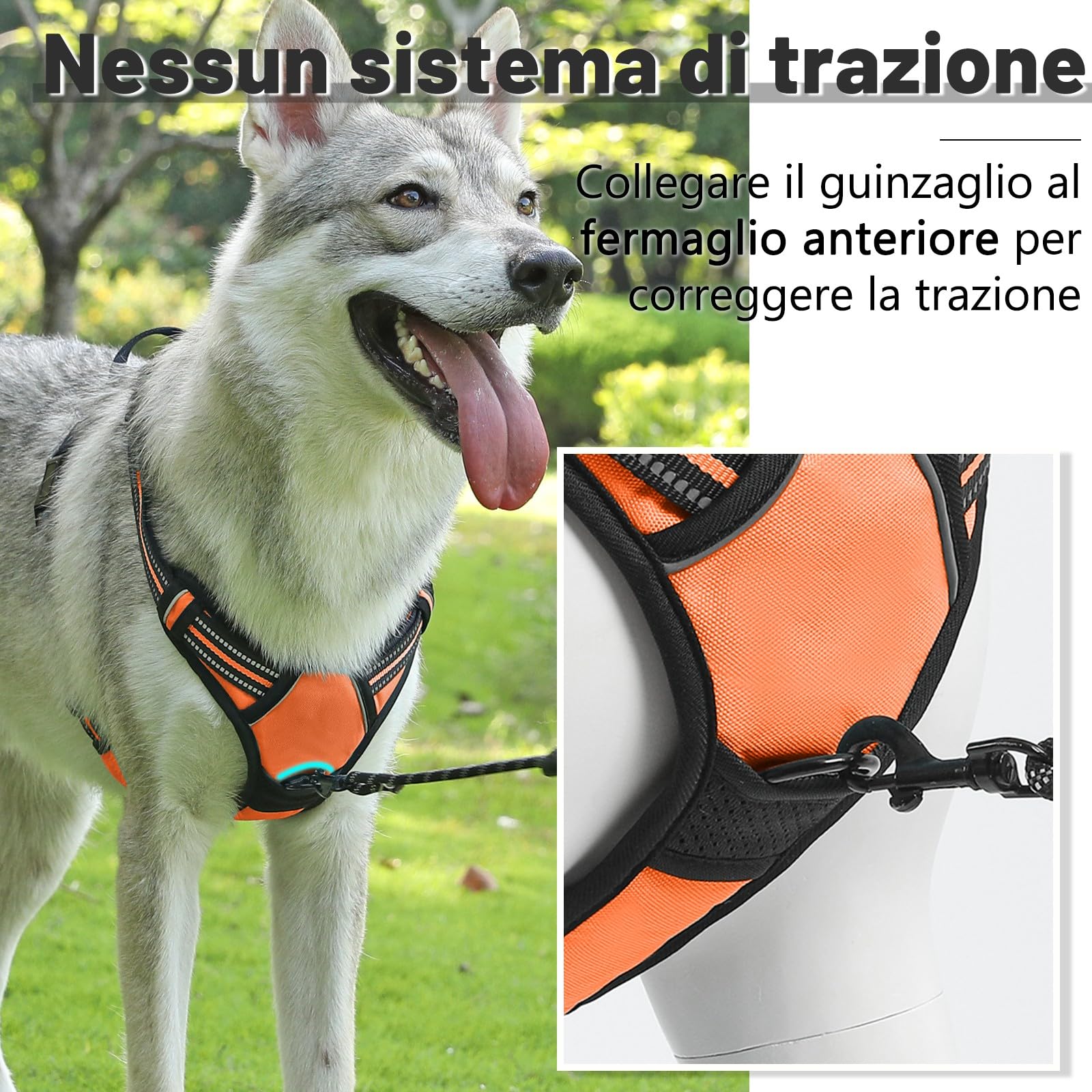 COMSLE Pettorina Cane Taglia Grande Media Piccola, Pettorina per Cani Anti Tiro Riflettente, Imbracatura Regolabile Cani con 2 Ganci in Metallo per Addestramento Corsa (Arancione, L)