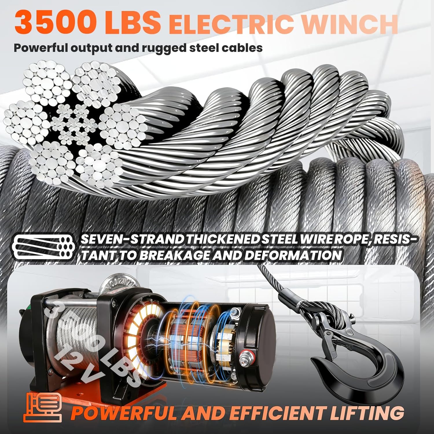 EQUCKKY 1600lbs Electric Pickup Truck Crane & 3500lbs Electric Winch, Folding Truck-Mounted Bed Crane Hoist, 360° Swivel, 3 Adjustable Boom, 12V DC, for Construction, Farm, Auto Repair