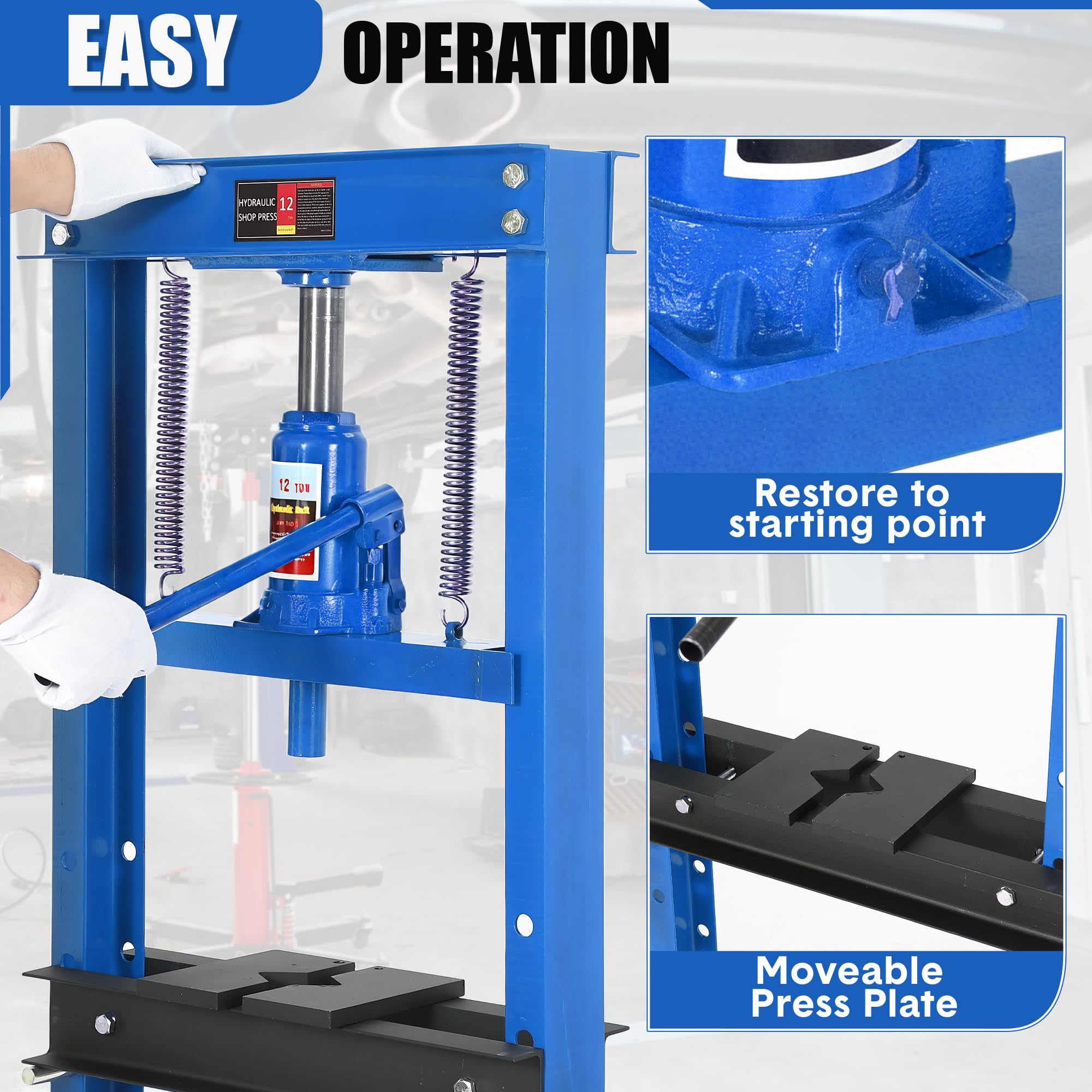 Presse hydraulique d’atelier 6T – Structure H robuste – Hauteur réglable – Pour garage, redressage, pliage, extraction de roulements et arbres – Plaques en acier incluses – Corps bleu, parcourir et