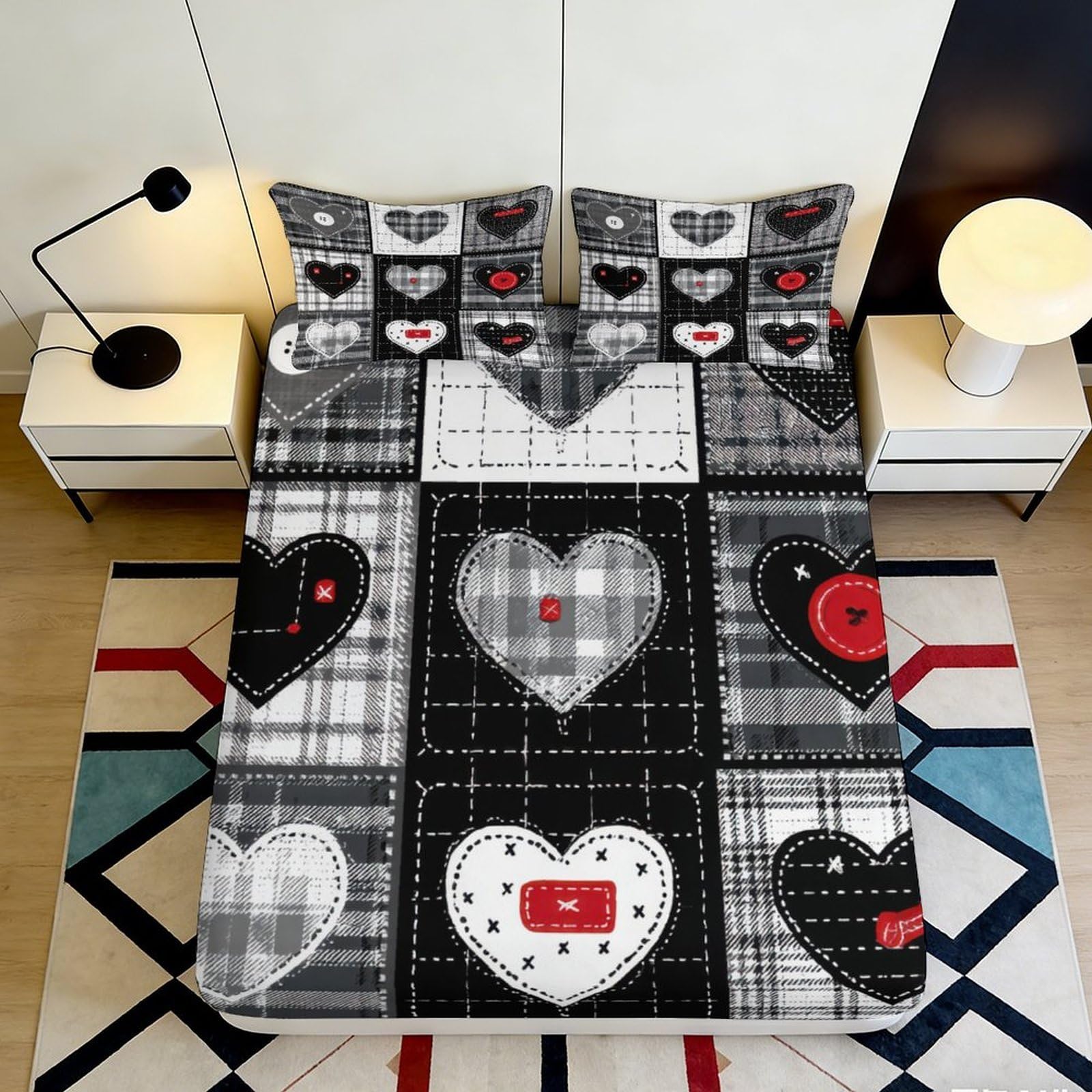 Uynsixtme Style-10 3D Printed Heart Plaid Fitted Sheet Microfiber Deep Pocket Non-Slip Bedroom Love Mattress Fitted Cover Washable 90X200x25cm