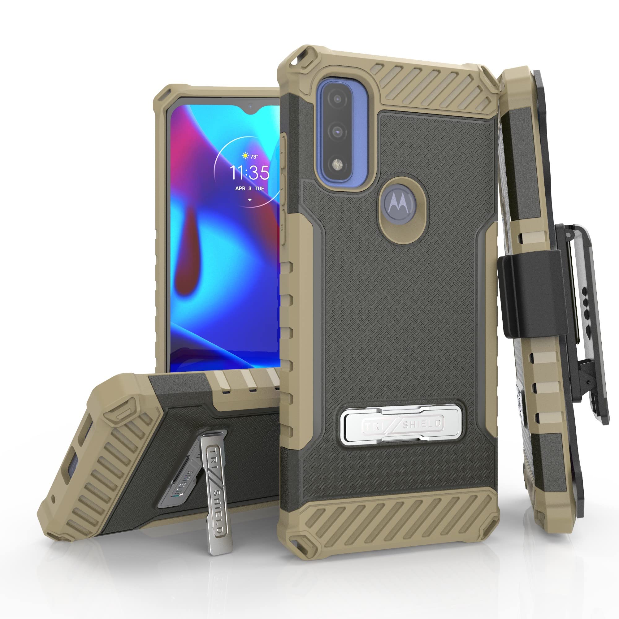 Beyond Cell Tri-Shield Kickstand Phone Case with Belt Clip Holster Compatible with Moto G Power 2022 Military Grade Drop Tested Rugged High Impact Full Body Shockproof Black Flat Dark Earth