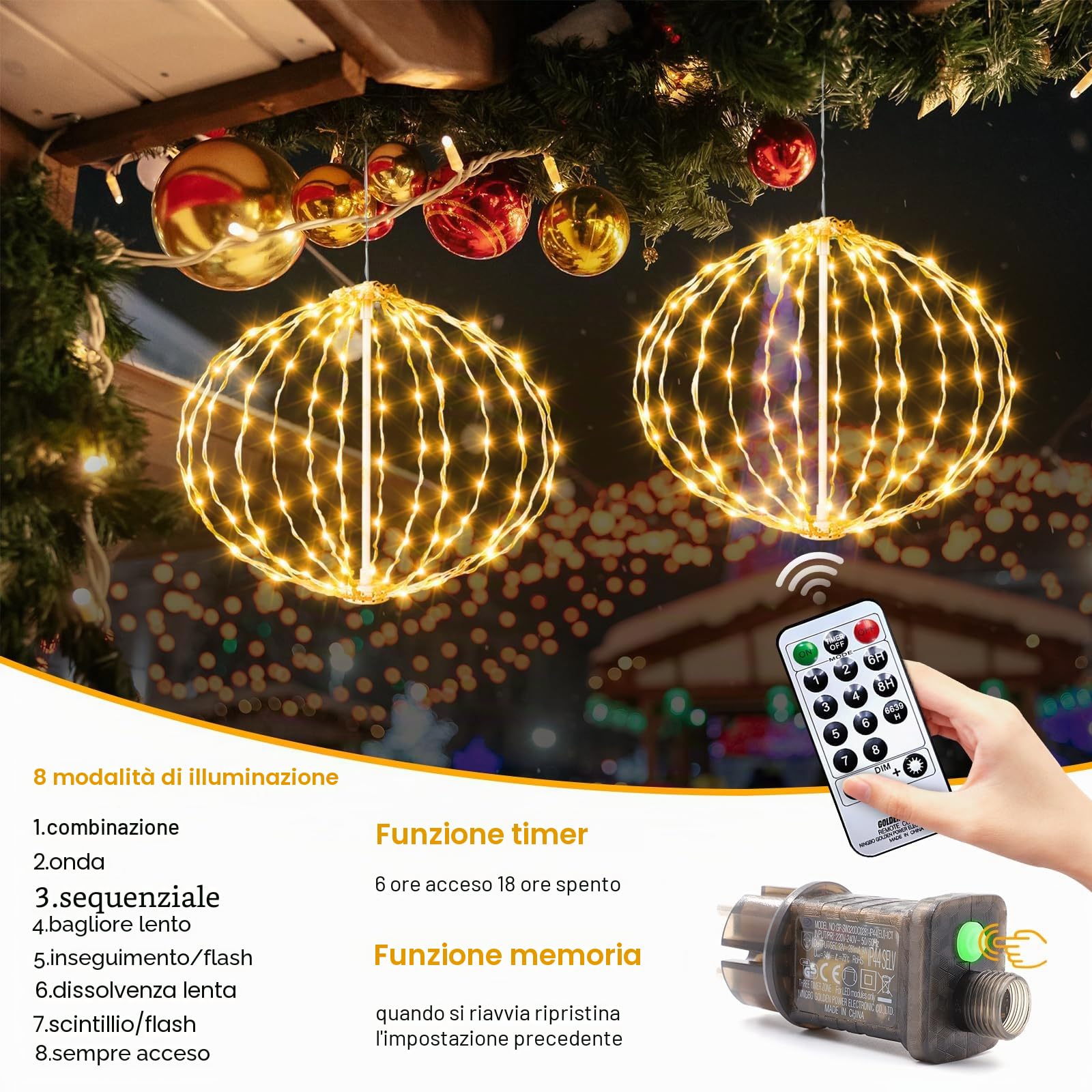 Auting Catena Luci Natale Sfere LED 4 Pezzi Timer 8 Modalità | Sfere sospese bianco caldo allungabili per grondaia balcone giardino e decorazione interna esterna
