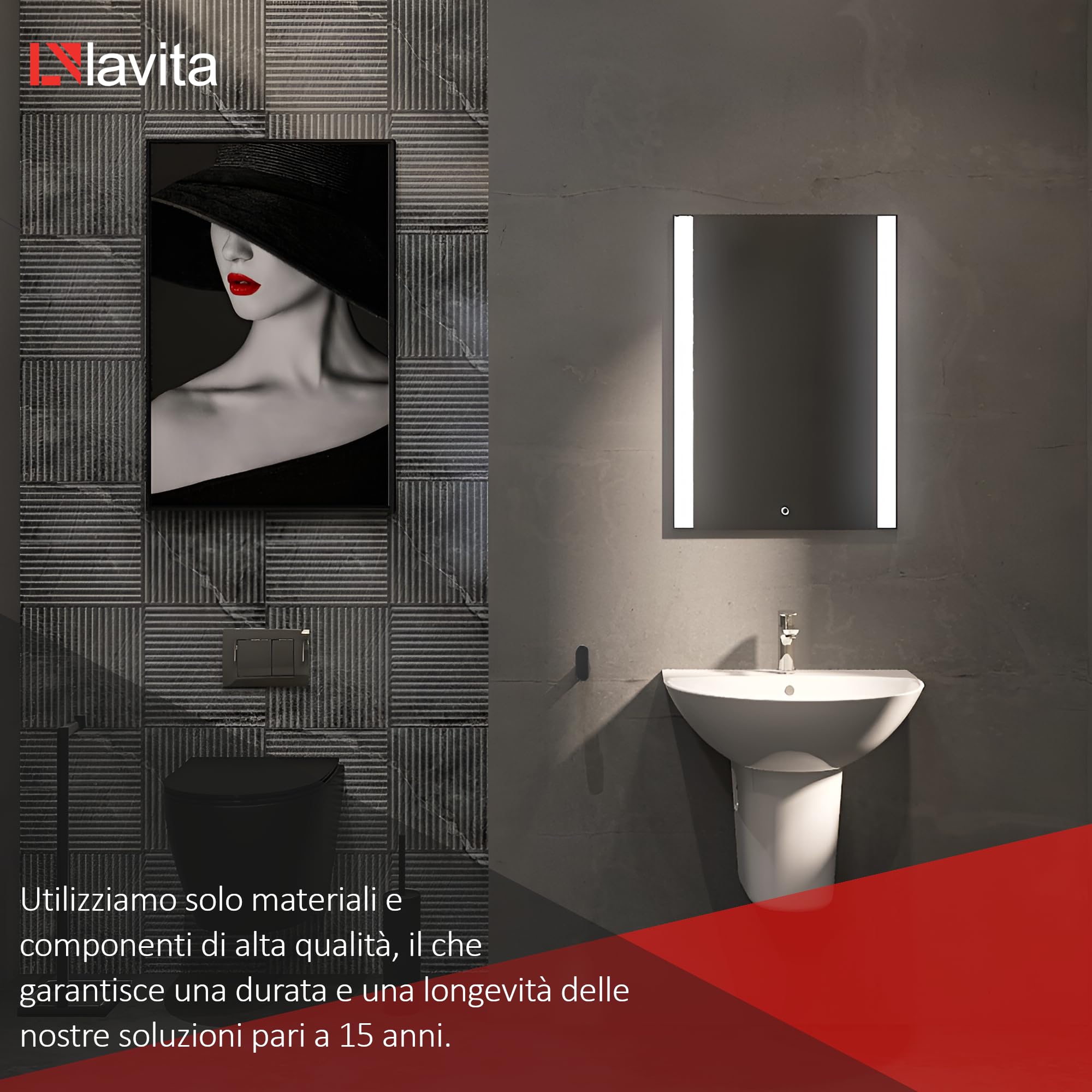 LAVITA Lavabo sospeso Corel, lavabo sospeso, lavabo rotondo, lavabo con troppopieno e foro per rubinetto, ceramica di alta qualità, bagno, 56 x 47 x 19 cm, bianco lucido