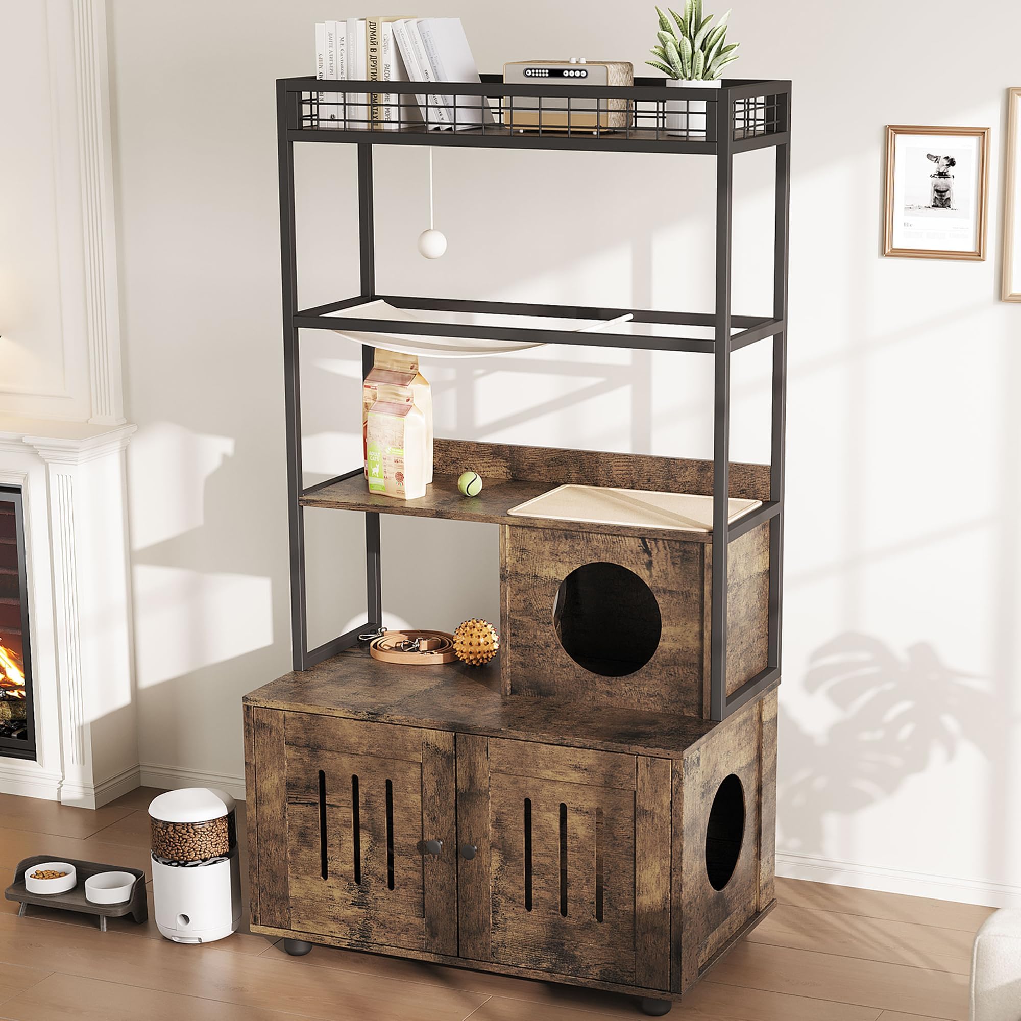 60-Inch Cat Litter Box Enclosure Cat House with Storage Shelf Sisal Hammock Cat Condo Play Ball and Reversible