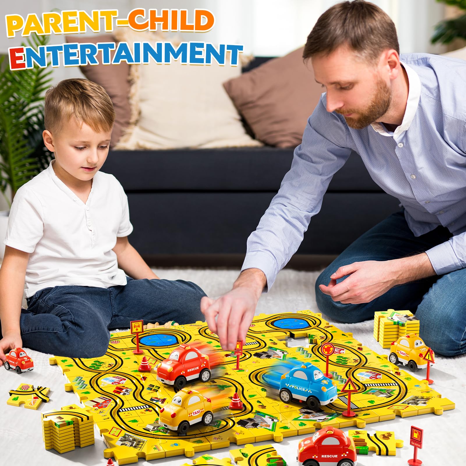 Bennol 73 PCS Puzzle Racer Car Track Set Toys for Kids Ages 3-5 4-6, Puzzle Tracks Car Toys Gifts for 3 4 5 Year Old Boys Kids, Toys Gifts for 3 4 5 Year Old Boys, Puzzle Racer Kids Car Track Set