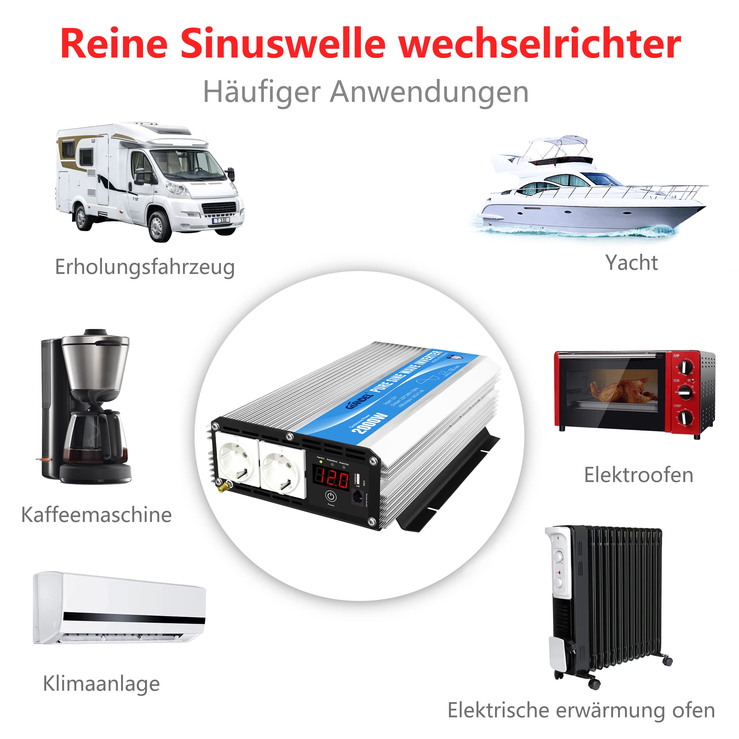 GIANDEL 2000W Wechselrichter 12V auf 230V Reiner Sinus Spannungswandler | Kompatibel Lithium-Batterie, Für Wohnmobil, LKW, Zuhause, Off-Grid Solarstrom Umwandler-Inverter mit LED-Anzeige