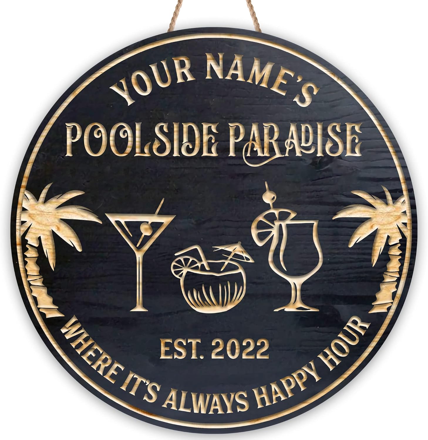 Artsy Woodsy Personalized Pool Decor Wood Sign (Not Carved or Neon) Wall Art Plaque, Tropical Summer Decor, Poolside Area Backyard Bar & Grill Patio Deck Tiki Bar Outdoor Outside Accessories (07)
