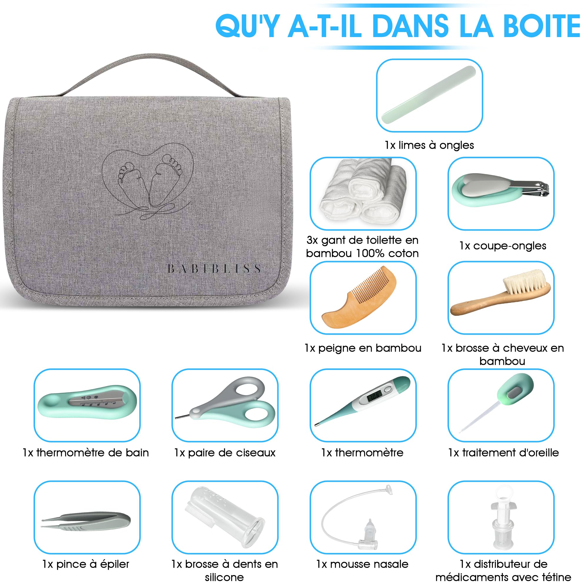Trousse de Soin Bébé - Dés la naissance -Grand format, Kit Soin Bébé Naissance, 13 Articles Inclus: Débarbouillettes 100% Coton, Thermomètre de Bain, Brosse à Dent en Silicone, et Plus