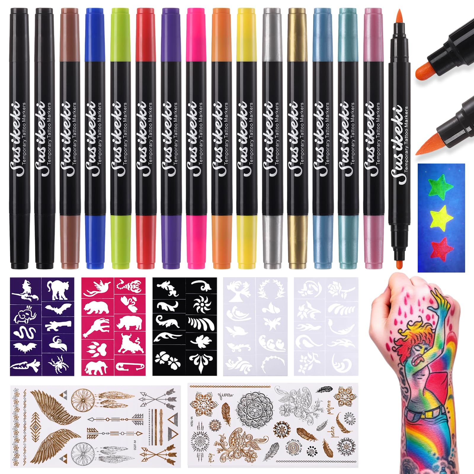 Temporary Tattoo Markers for Skin,15PCS Dual-Ended Tattoo Pen + 50 Paint Stencils + 43 Tattoos Stickers,Glitter & Matte & Neon Glow Body Marker Set, Removable Fake Tattoos Kit for Teens and Adult