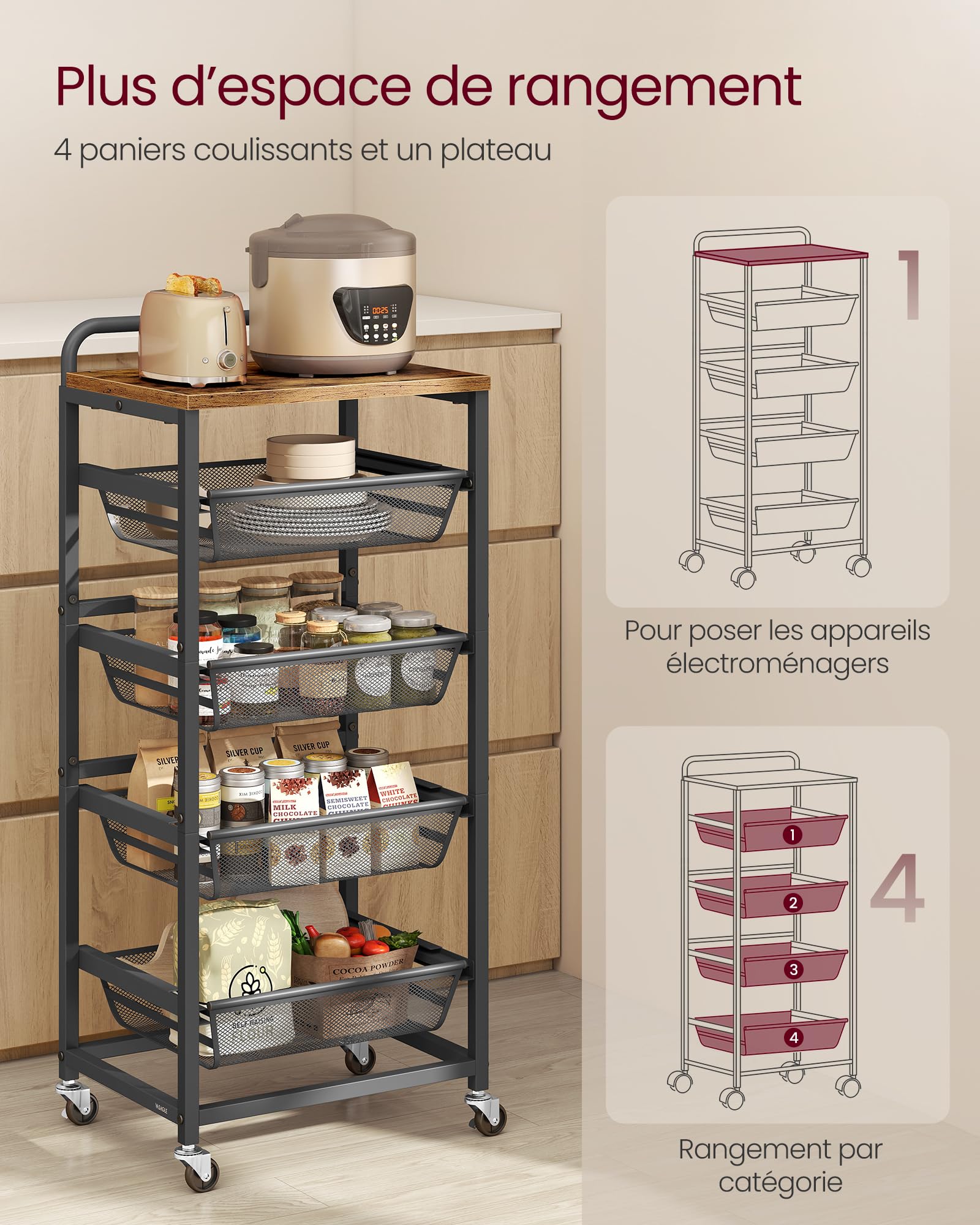 VASAGLE Chariot de Rangement à 5 Niveaux, avec Paniers Extractibles, Étagère de Cuisine avec roulettes, avec Poignée, 31,7 x 40 x 95 cm, Marron Rustique et Noir d'encre LRC041K01