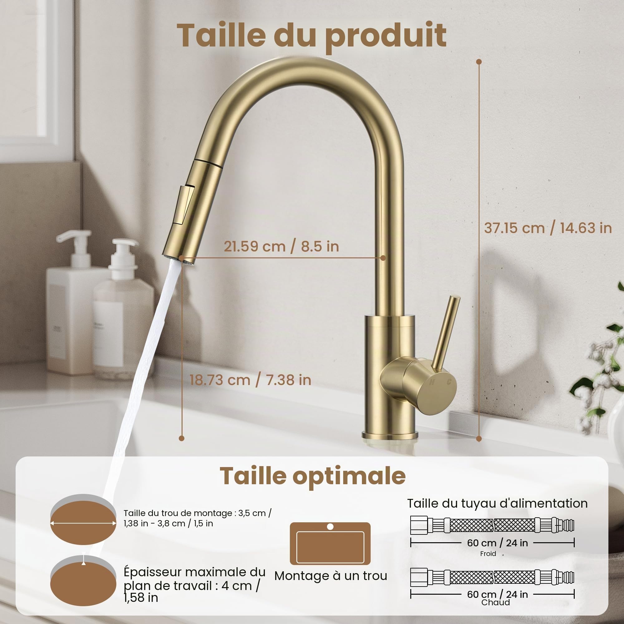 KPW Mitigeur Évier de Cuisine avec Bec Extractible en Acier Inoxydable