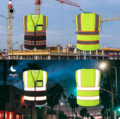 Miniatura 4 de HATAUNKI Chalecos de seguridad de malla de color amarillo y negro con reflejo de alta visibilidad con 8 bolsillos y cremallera frontal, chaleco de