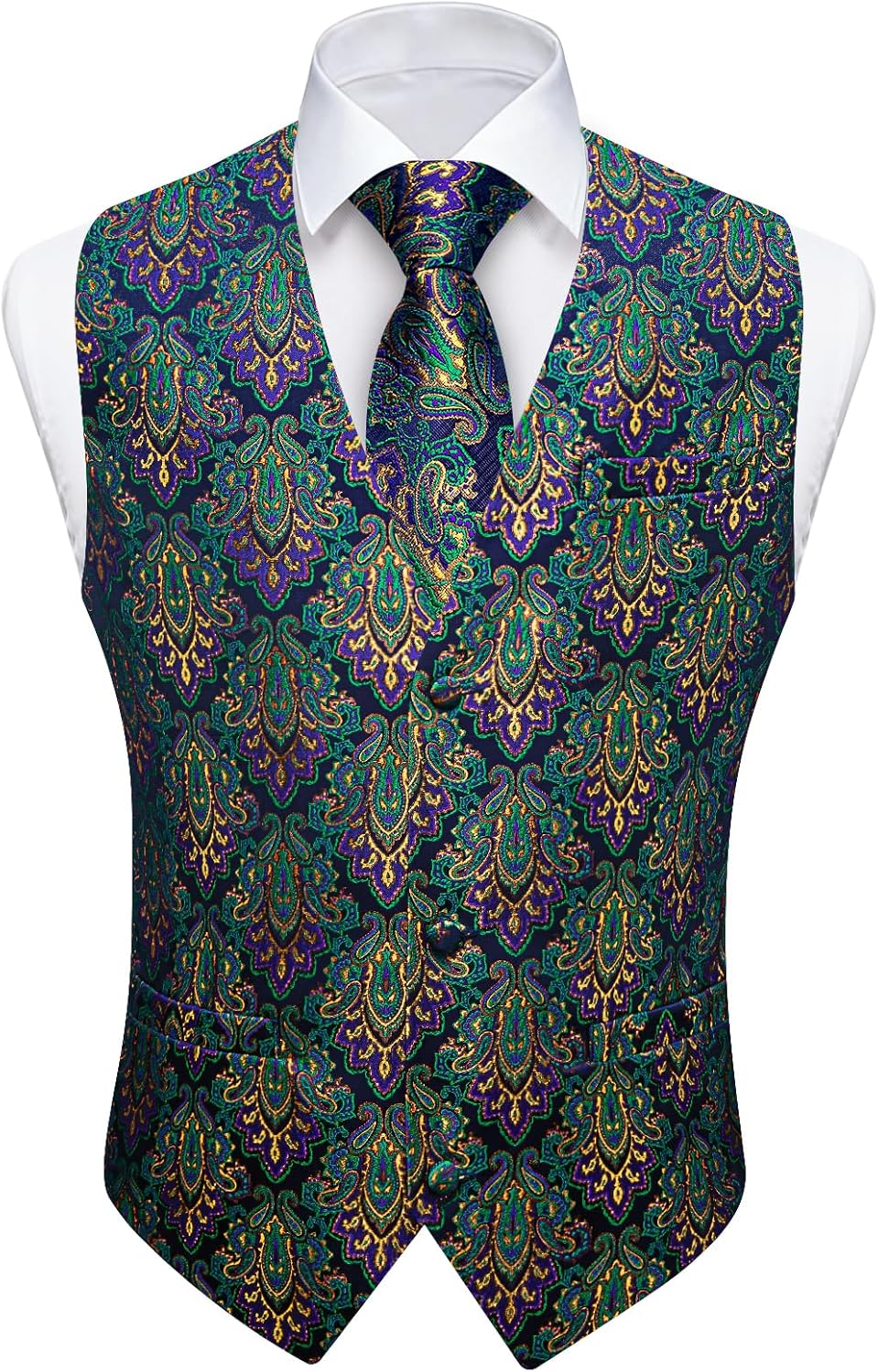 DiBanGu Mens Paisley Suit Vest Pre-tied Tie Set 7PCS Jacquard Silk Dress Waistcoat Bow Tie Lapel Pin Hanky for Wedding Party