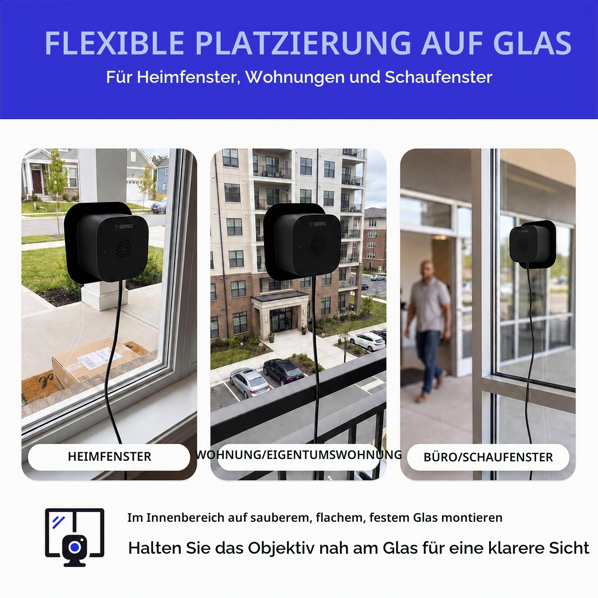 3MP 2K Fensterkamera, 2,4 GHz & 5 GHz WiFi6 Fenster-Sicherheitskamera für Zuhause, ohne Bohren, Innenkamera für Außenüberwachung durch Glas, Vollfarb-Nachtsicht, Bewegungserkennung (Schwarz)