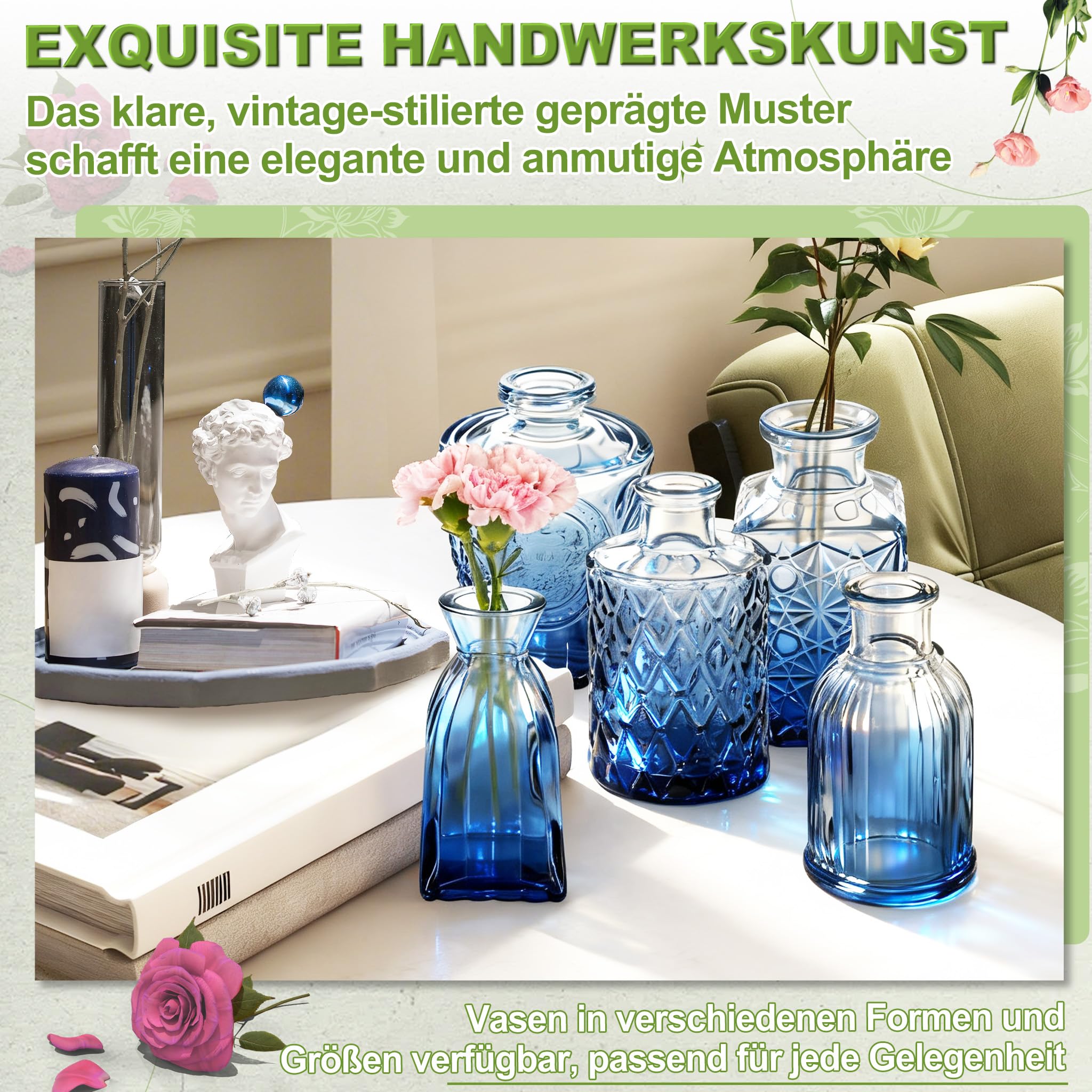 YRHome 32 Stück Kleine Vasen für Tischdeko, Glas-Budenvasen-Set Mini, kleine Glasvase, Vintage-Blumenvasen & Knospenvasen für Hochzeiten, Partys, Feierlichkeiten Verlauf Blau