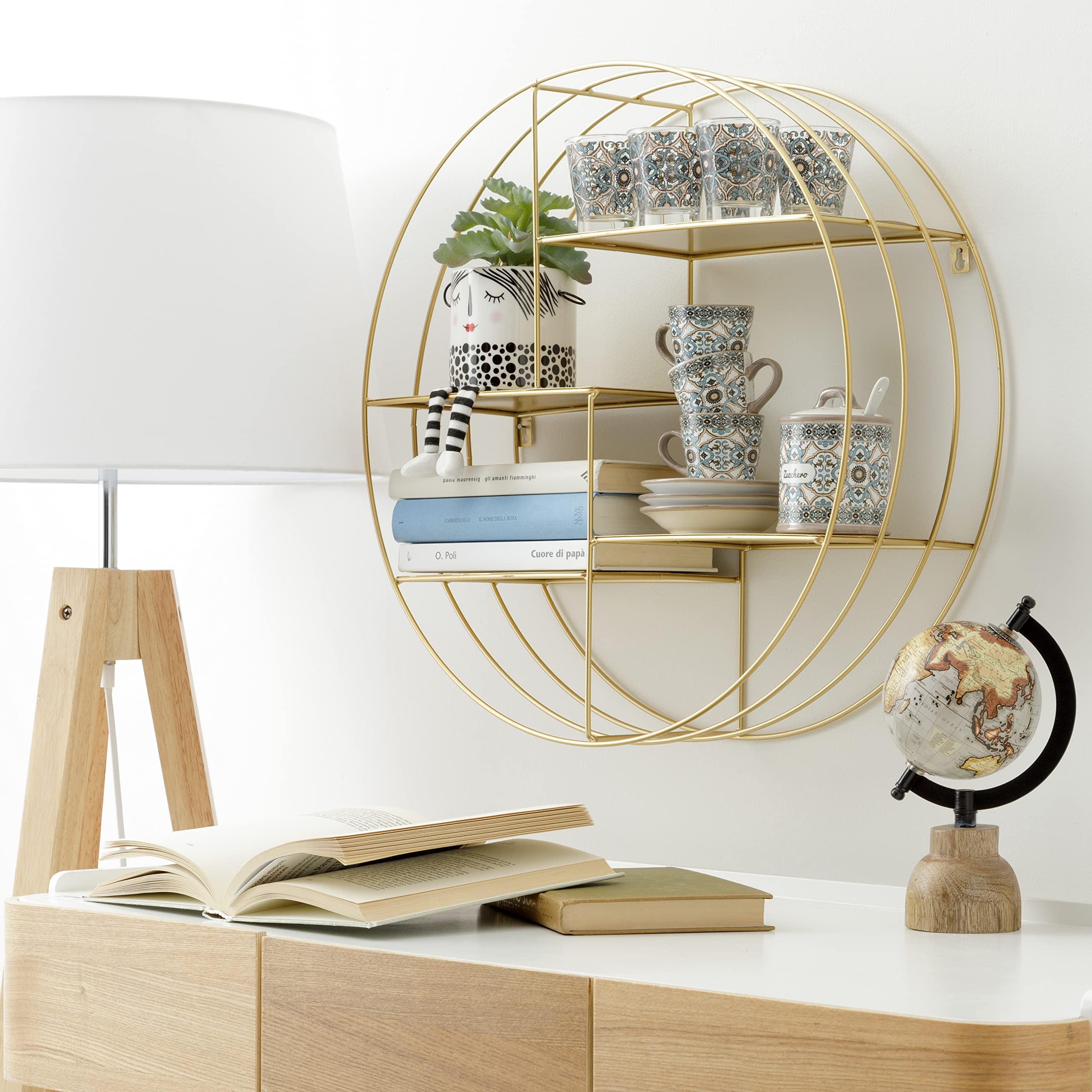 bruin hout met ijzer zwart Wandrek rond, Varios, planten keuken boeken rek 4-vaks vierkant ijzeren basis zwart met 4 houten planken de doorsnede rond 60 diepte 17 cm. incl. 2 ophang punten