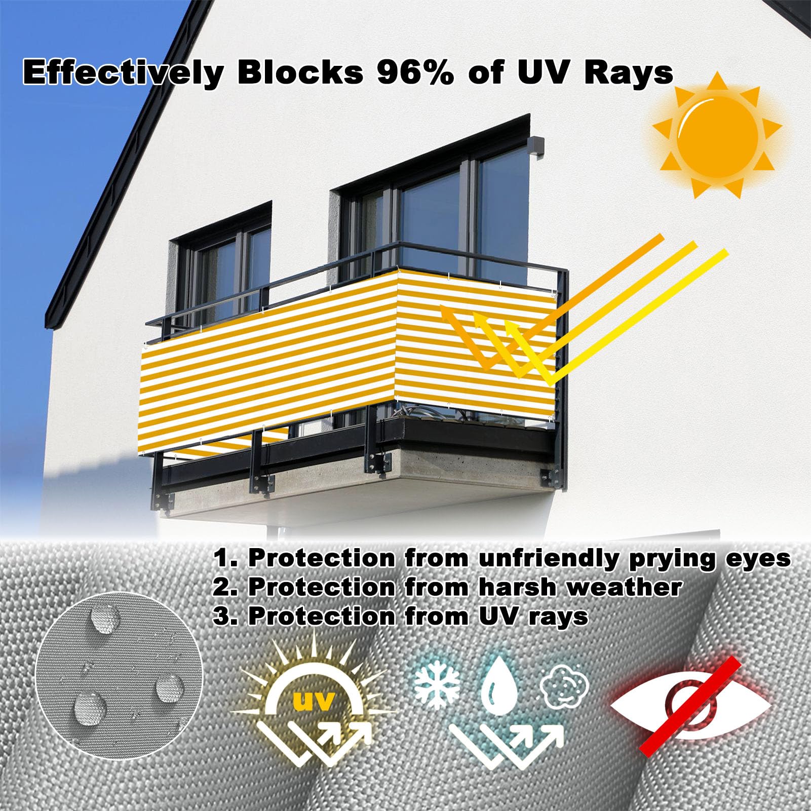 Balkon na zewnątrz, 3 m x 10 m, odporna na warunki atmosferyczne, tkanina HDPE, łatwa pielęgnacja, ogrodzenie prywatności, różne rozmiary i kolory, żółte paski, osłona balkonowa do mieszkań