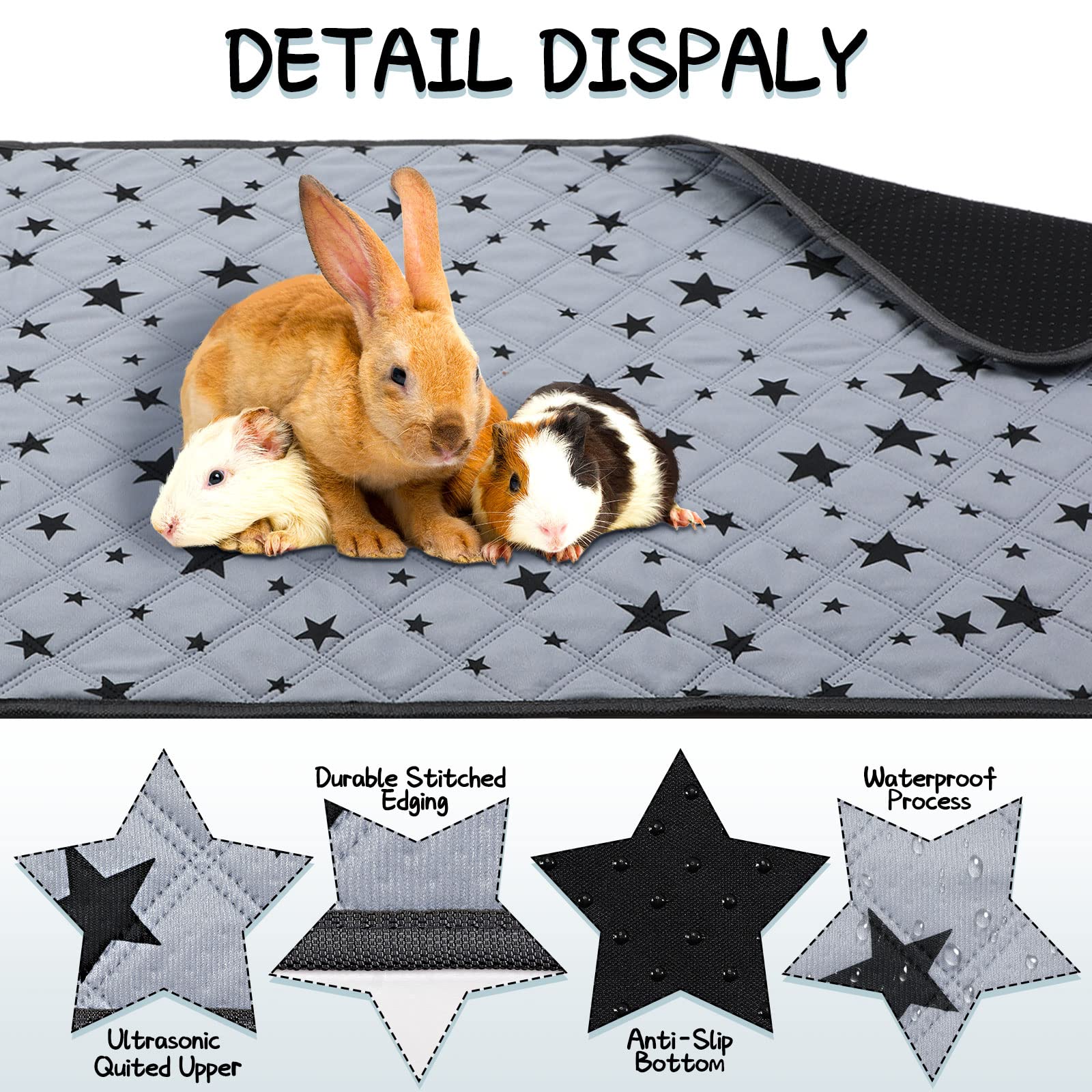 Namalu 4 Fodere per Gabbie per Porcellini d'India Biancheria da Letto in Pile Accessori Assorbenti Tappetino per Pipì Riutilizzabile Lavabile Antiscivolo con Motivi a Stella (60 x 90 cm)