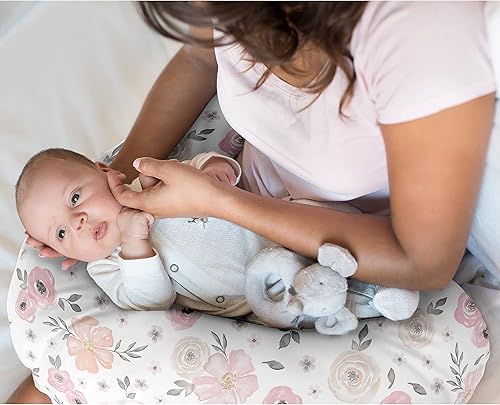 Miniatura 2 de Sweet Jojo Designs Funda de almohada floral de acuarela para lactancia materna para recién nacidos, biberón, almohada no incluida, rosa rubor, gris,